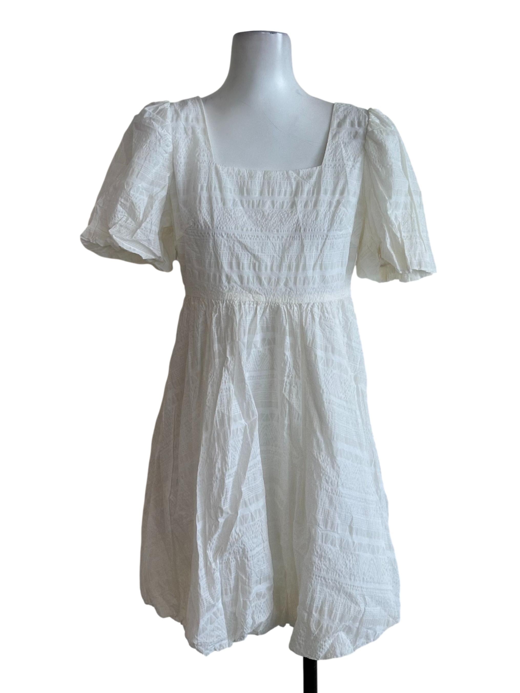 Ivory White Square Neck Textured Bubble Dress