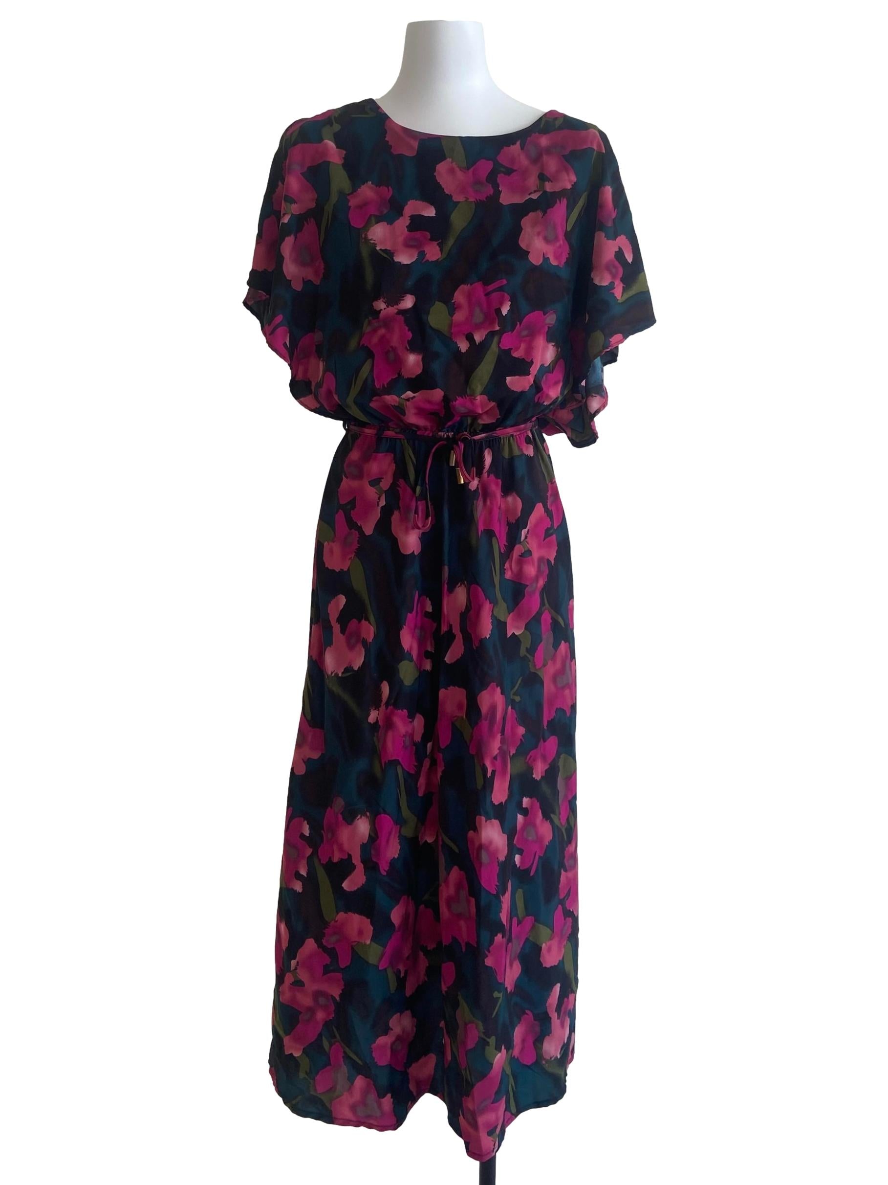 Green & Pink Floral Batwing Sleeve Long Dress