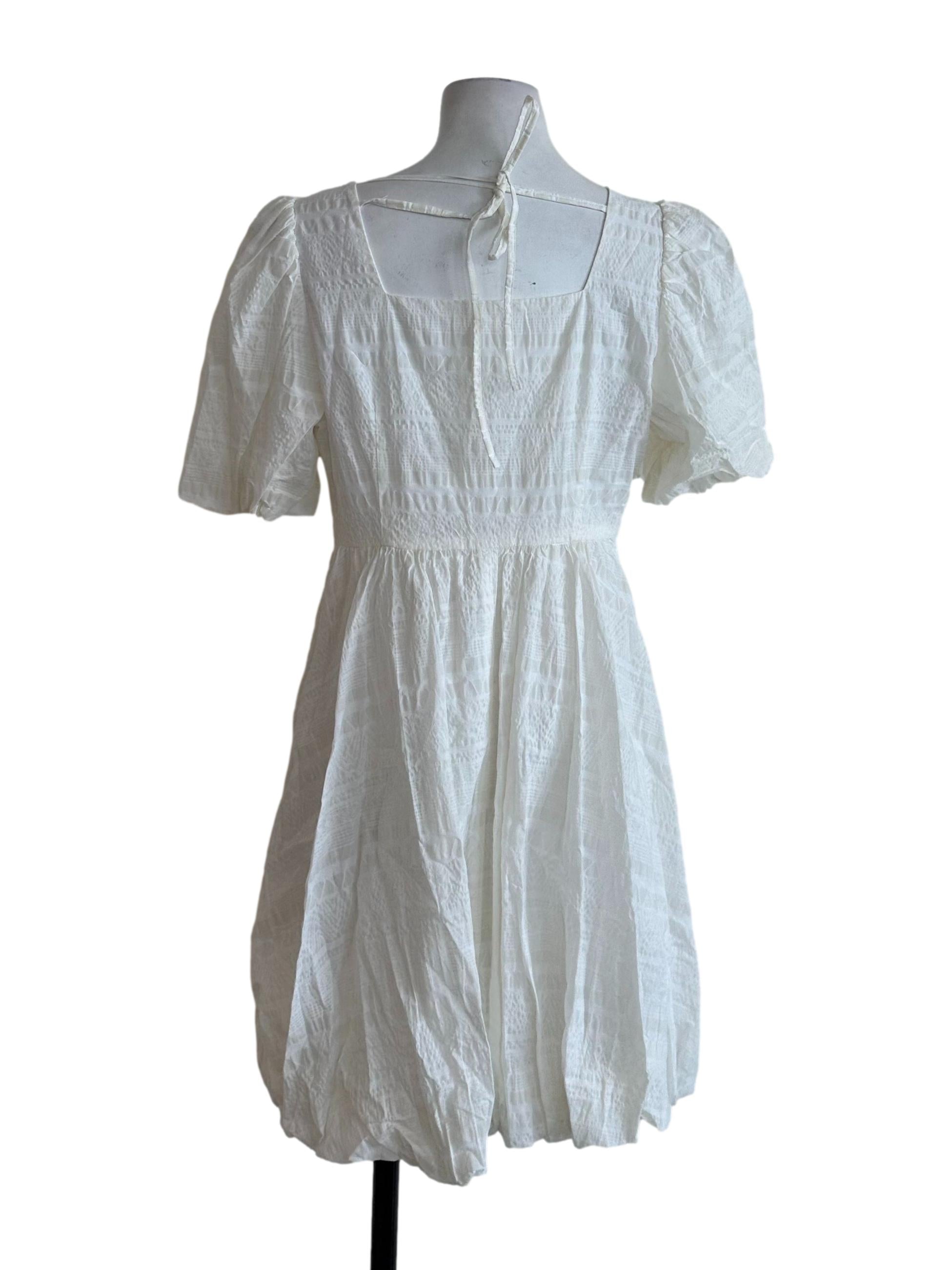 Ivory White Square Neck Textured Bubble Dress