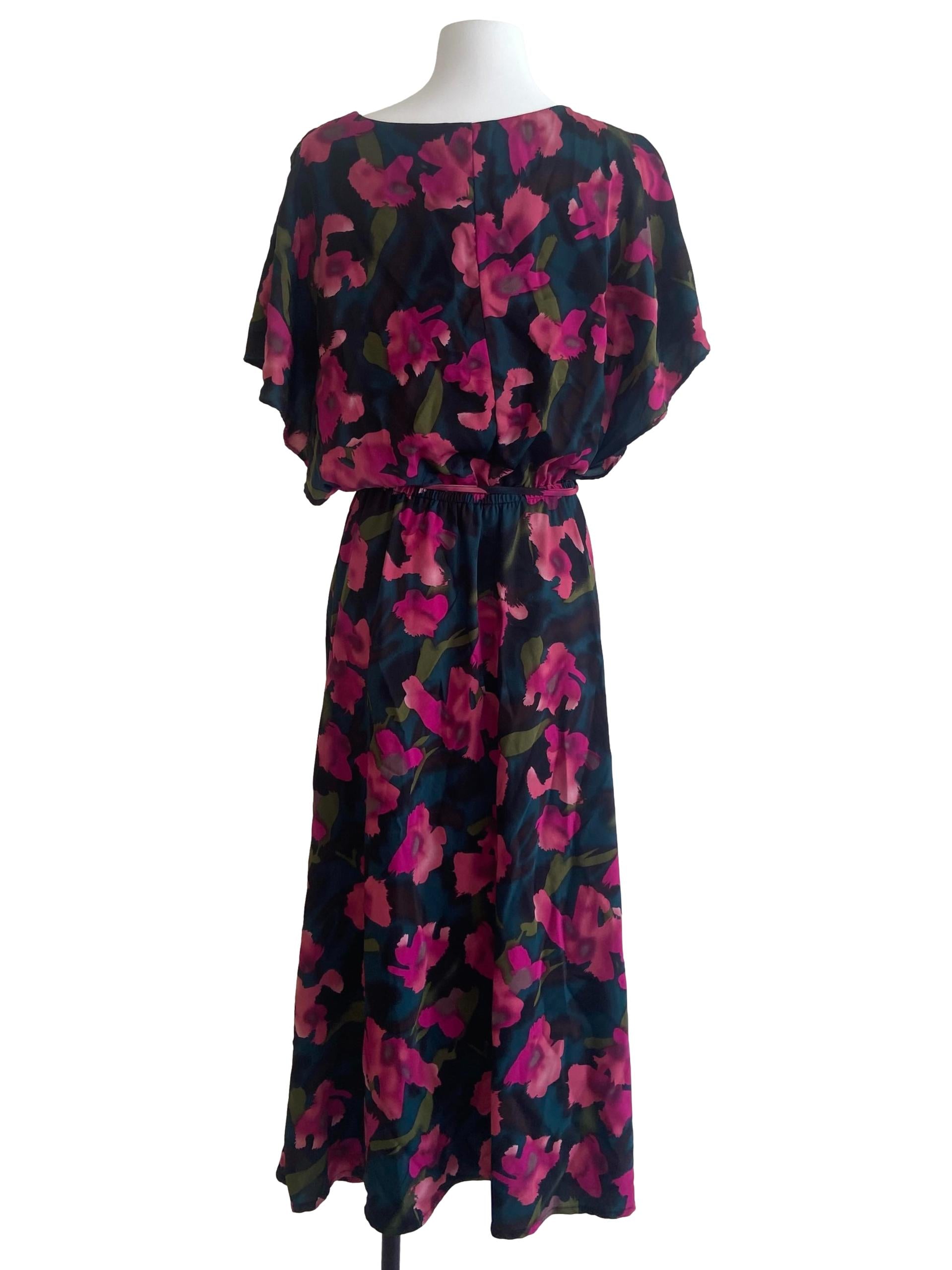 Green & Pink Floral Batwing Sleeve Long Dress