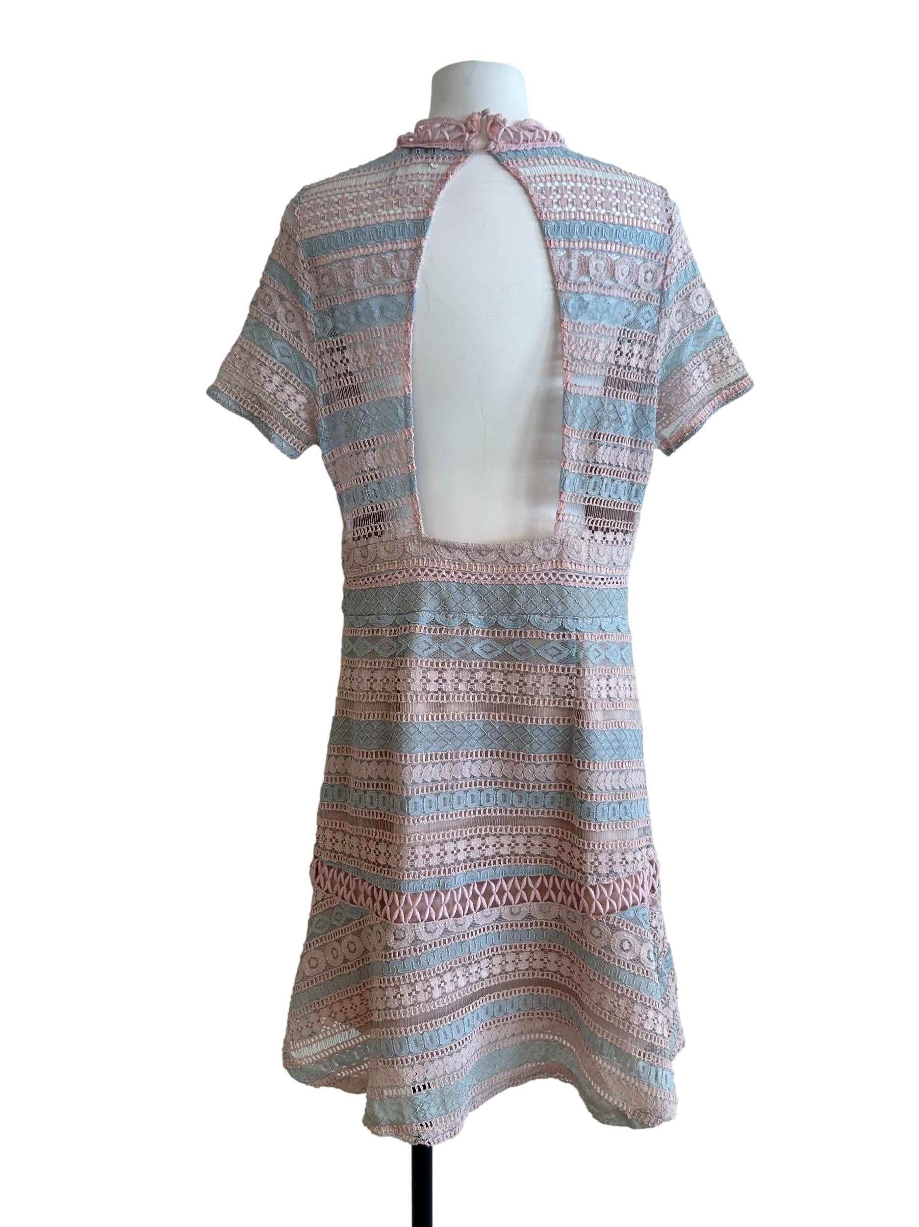 Blue And Pink Embroidered Backless Dress