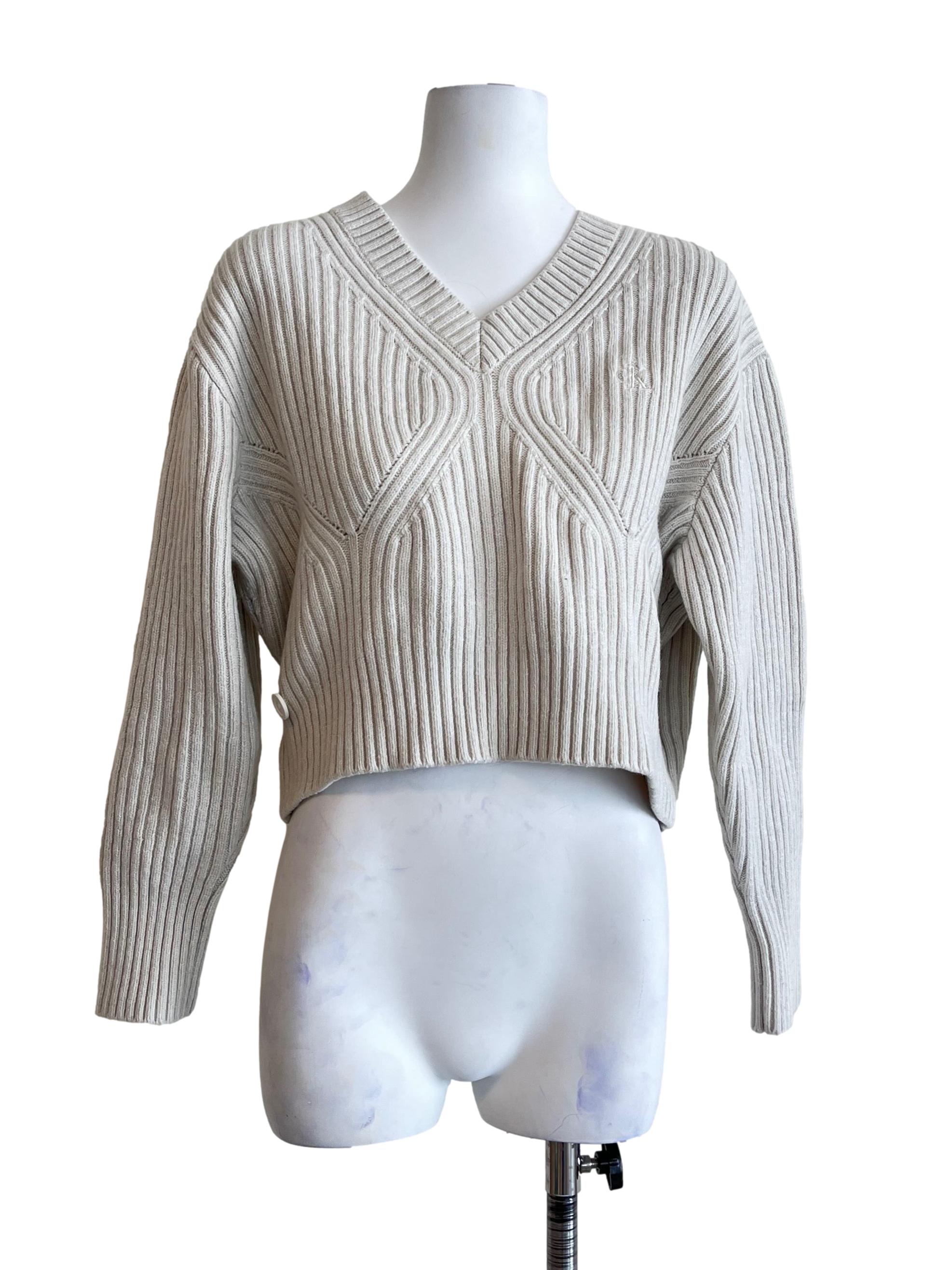 Beige White Knit Long Sleeve Sweater