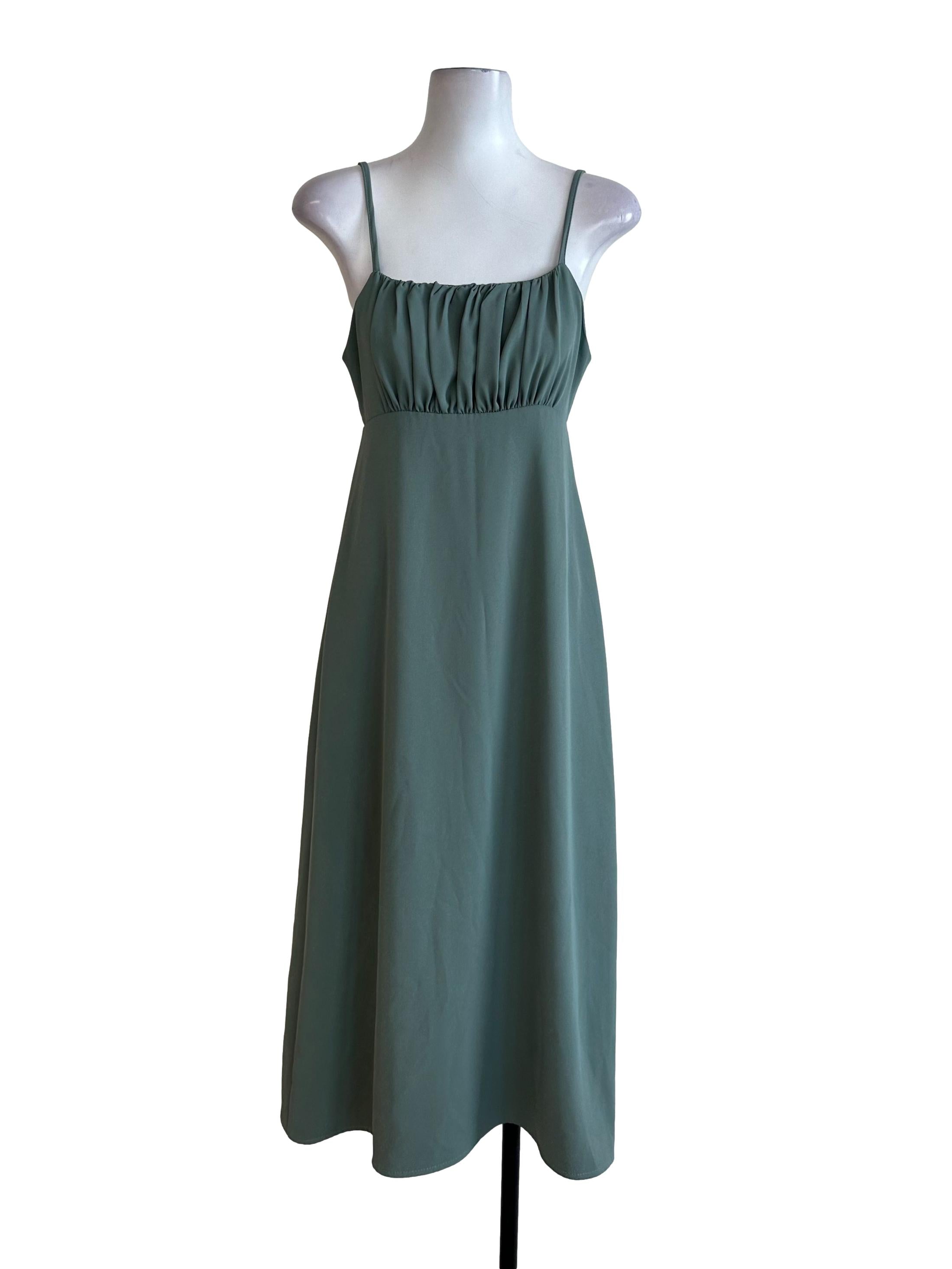Forest Green Ruched Square Neck Back Tie Dress