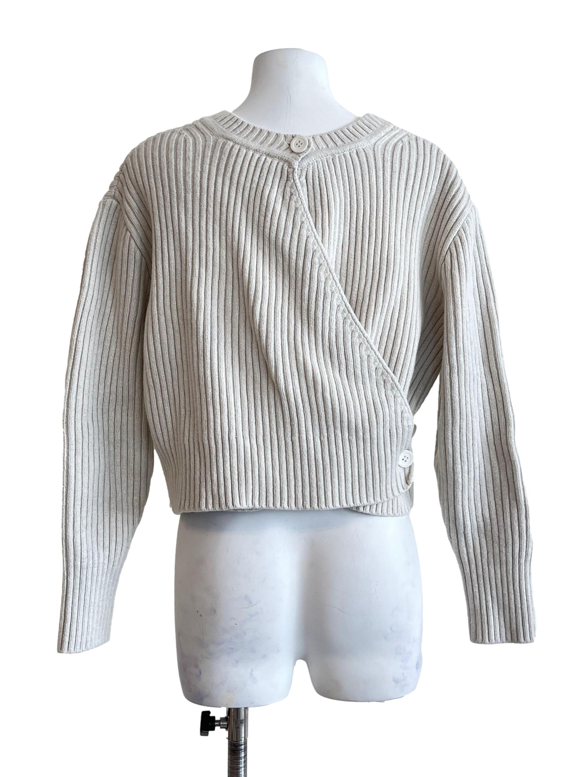 Beige White Knit Long Sleeve Sweater