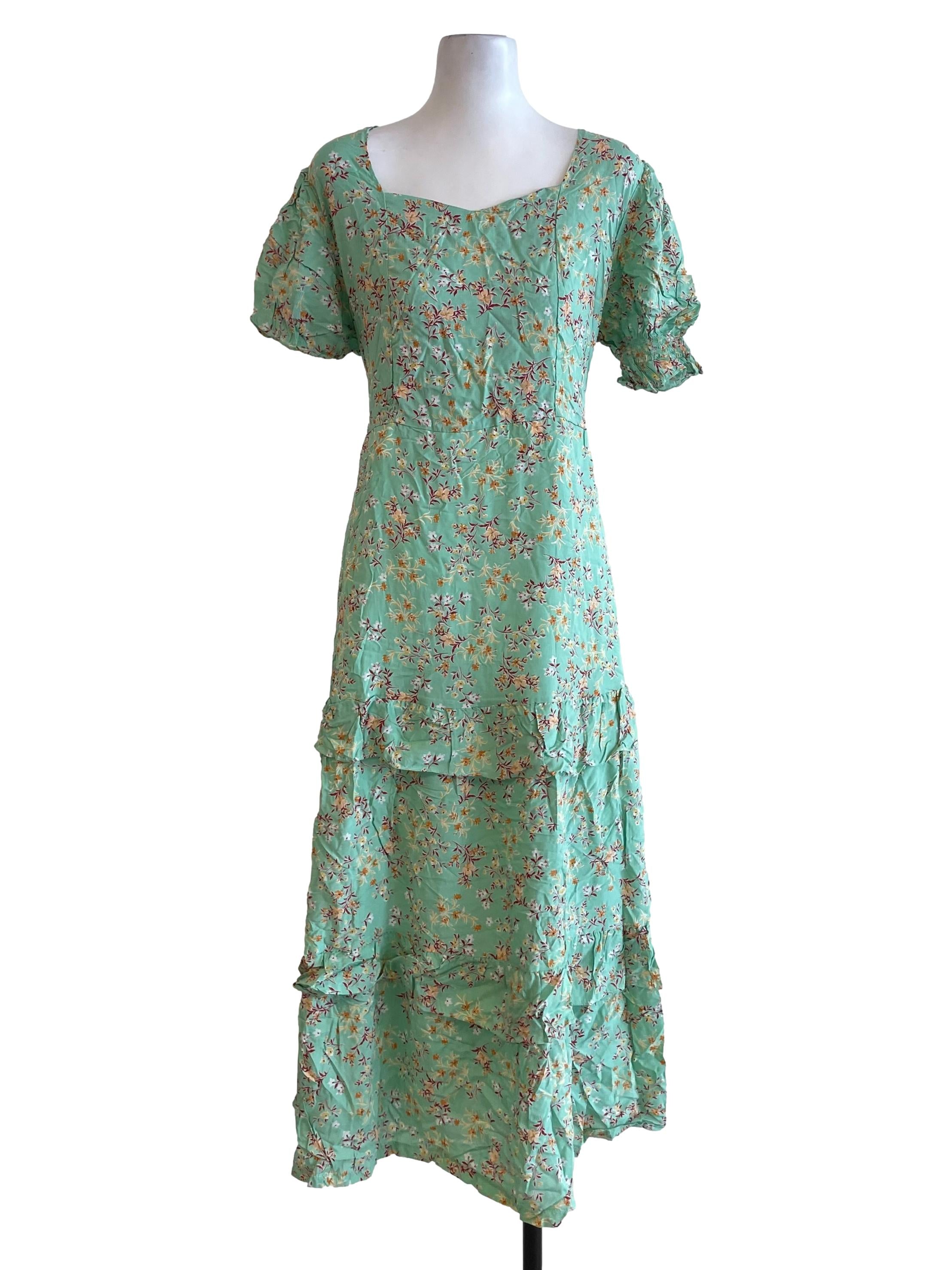 Green Floral Ruffle Dress