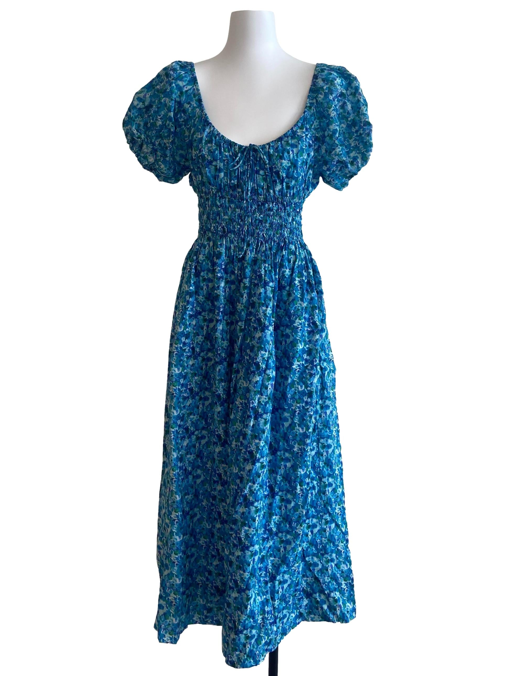 Blue Floral Puff Sleeve Shirred Dress
