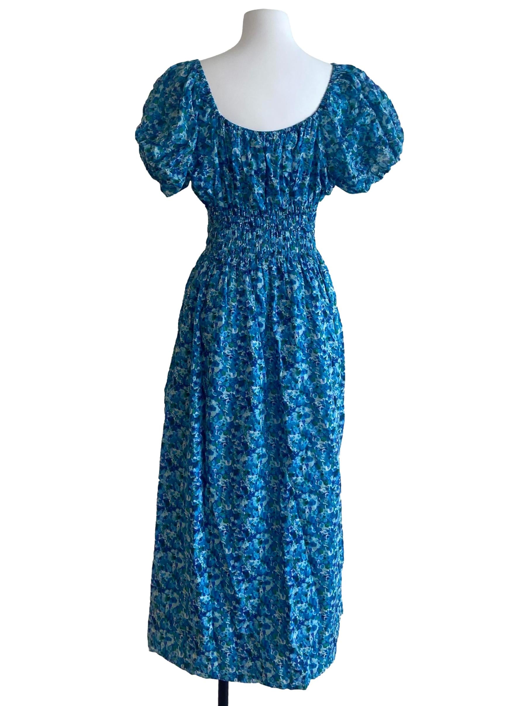 Blue Floral Puff Sleeve Shirred Dress