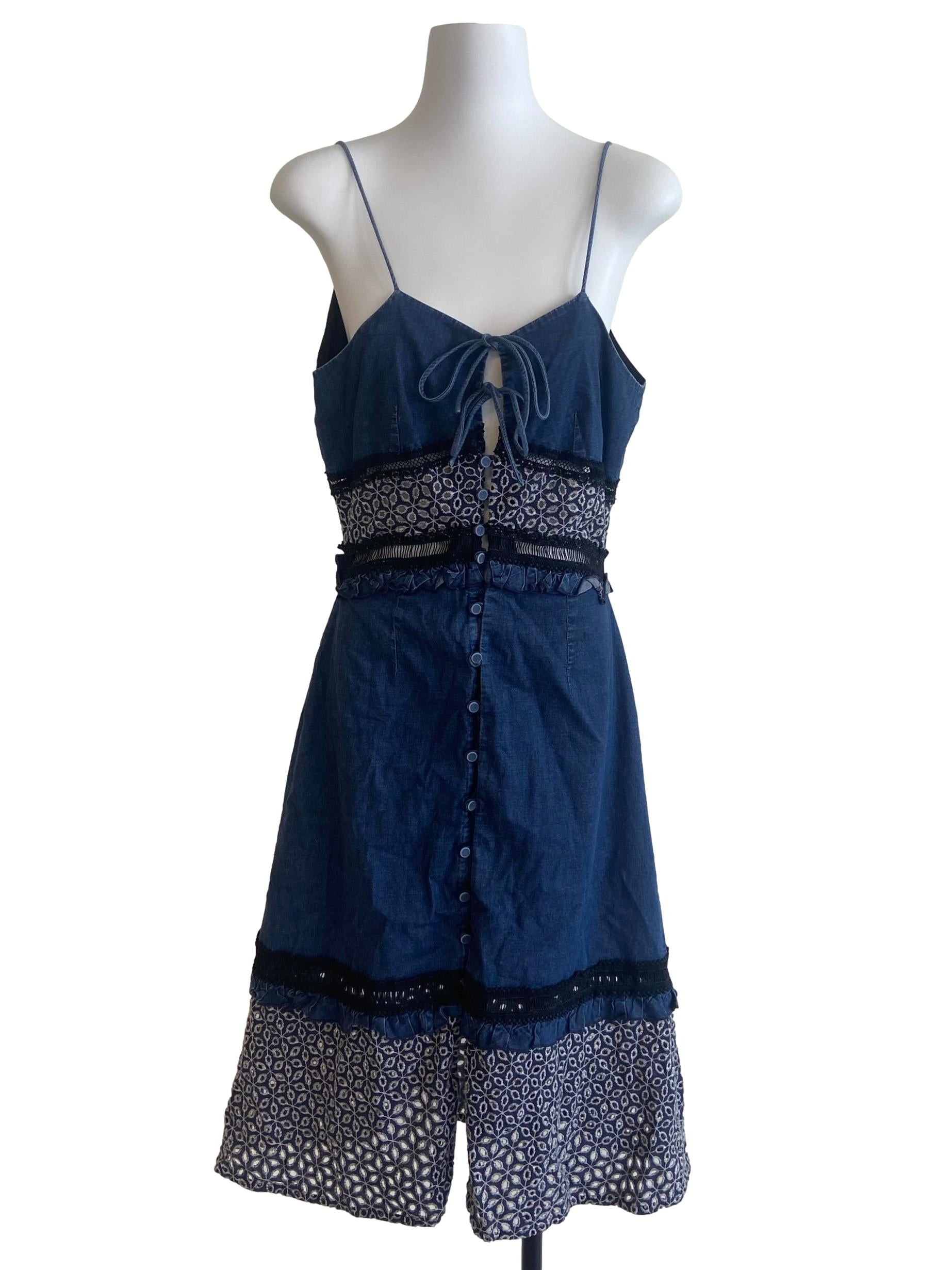 Blue Denim Button Down Sleeveless Embroidery Dress