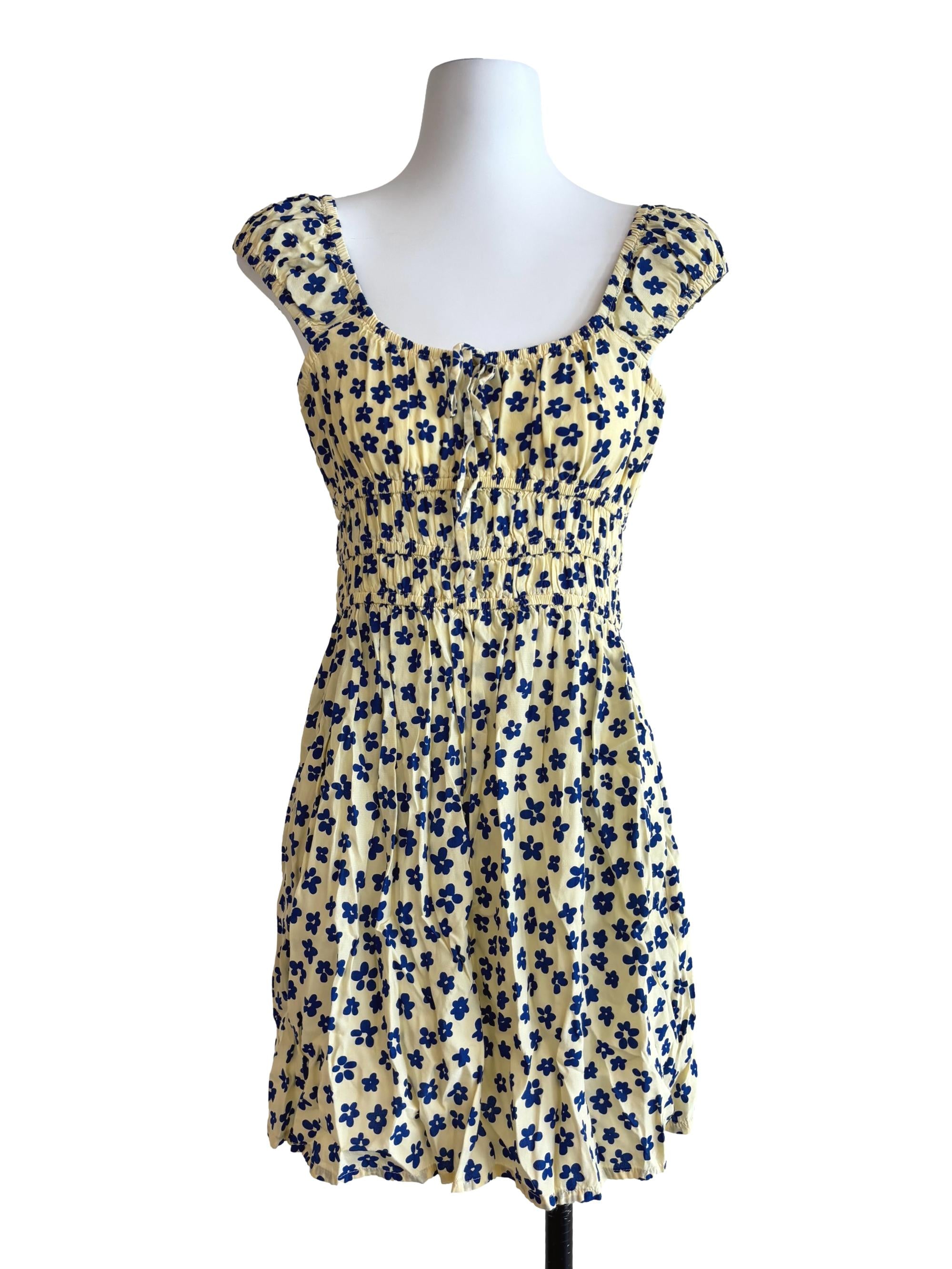 Banana Yellow Blue Floral Smocked Dress