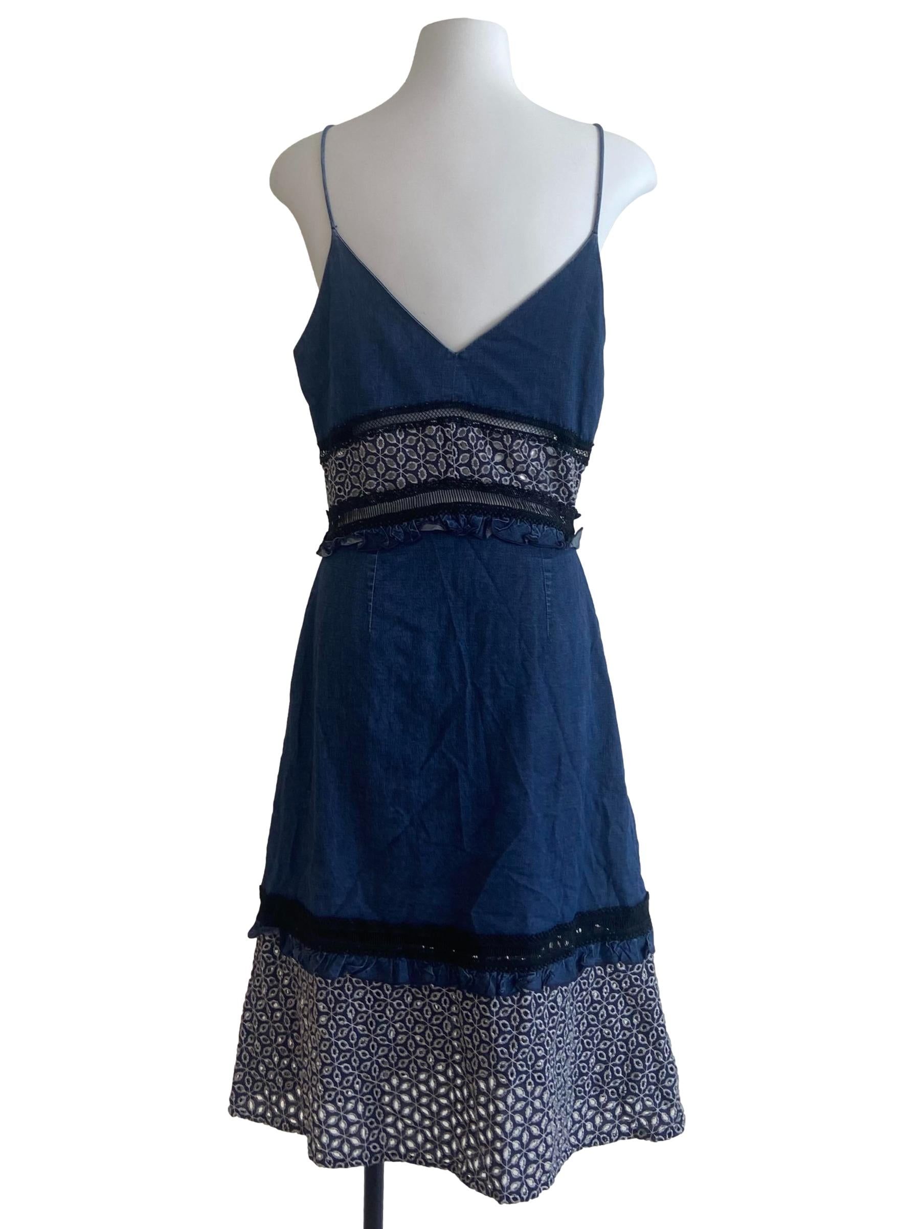 Blue Denim Button Down Sleeveless Embroidery Dress