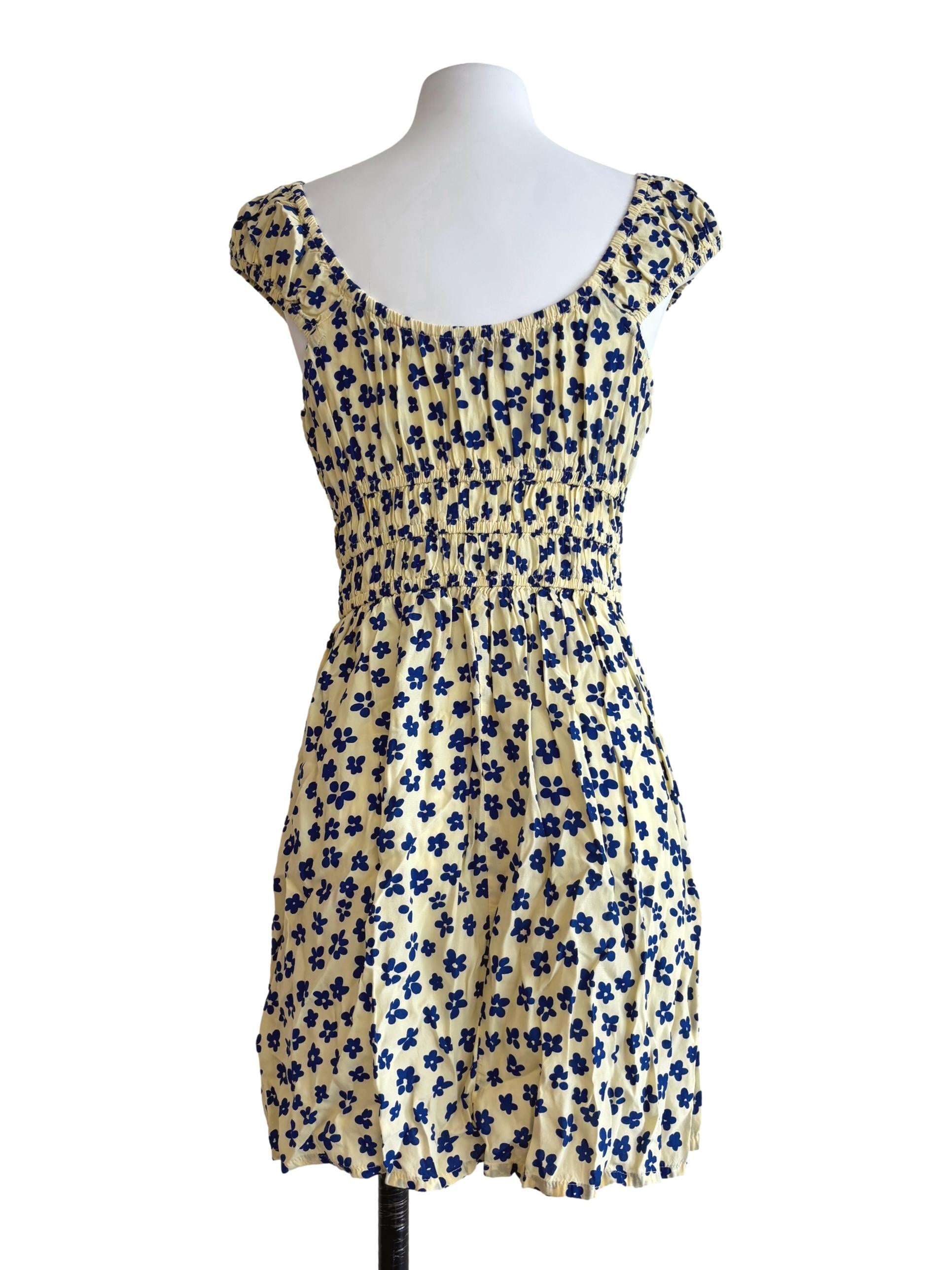 Banana Yellow Blue Floral Smocked Dress