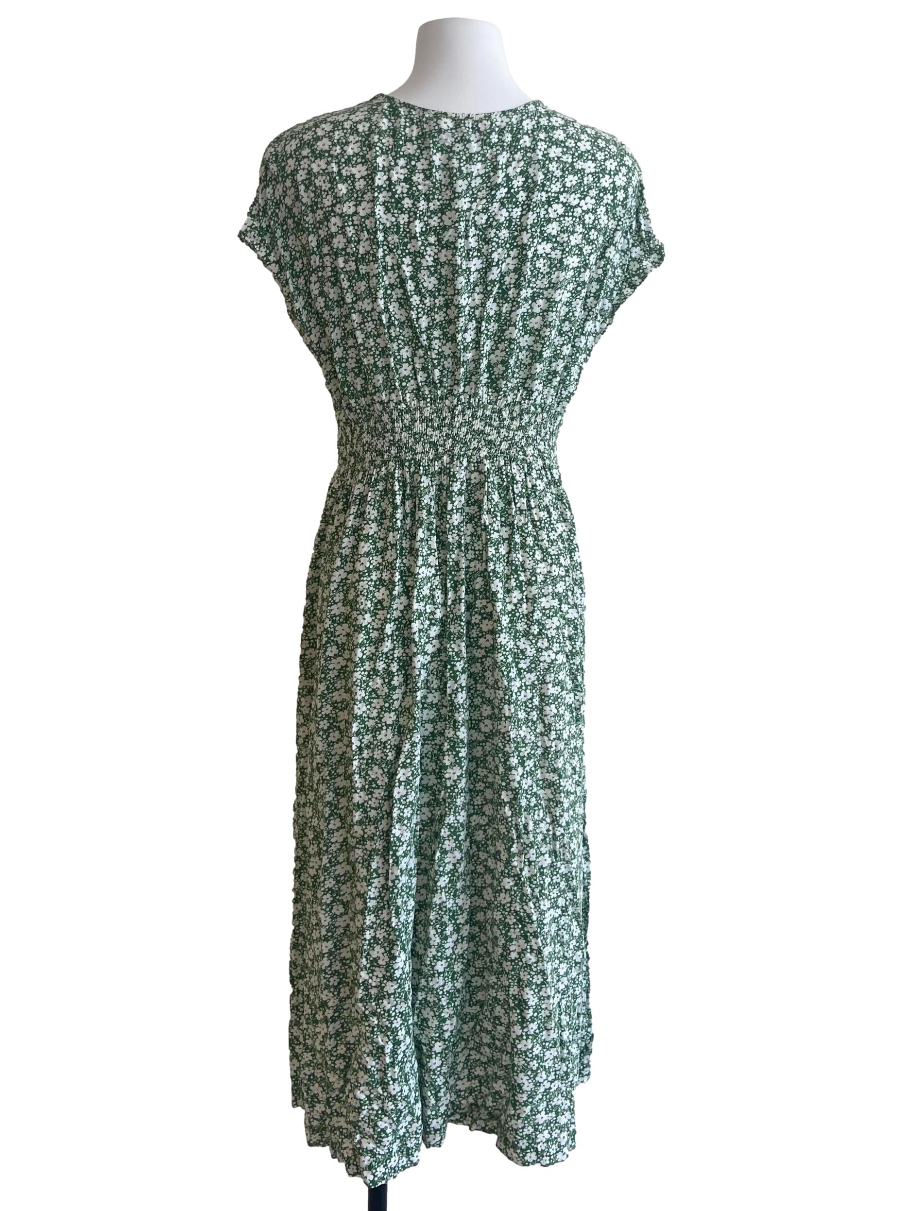 Green & White Floral V Neck Slit Empire Dress