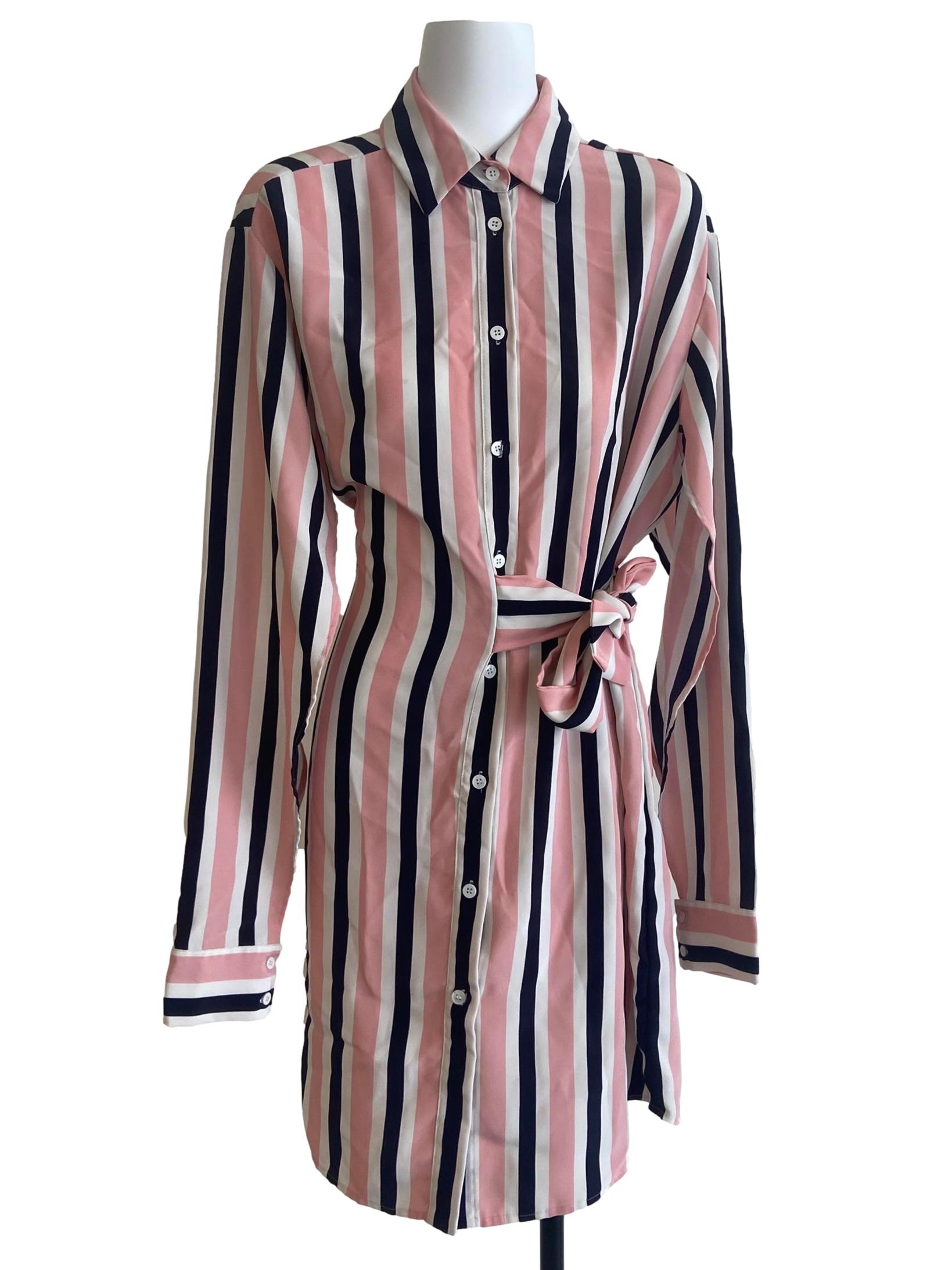 White & Pink Stripe Button Down Shirt Dress