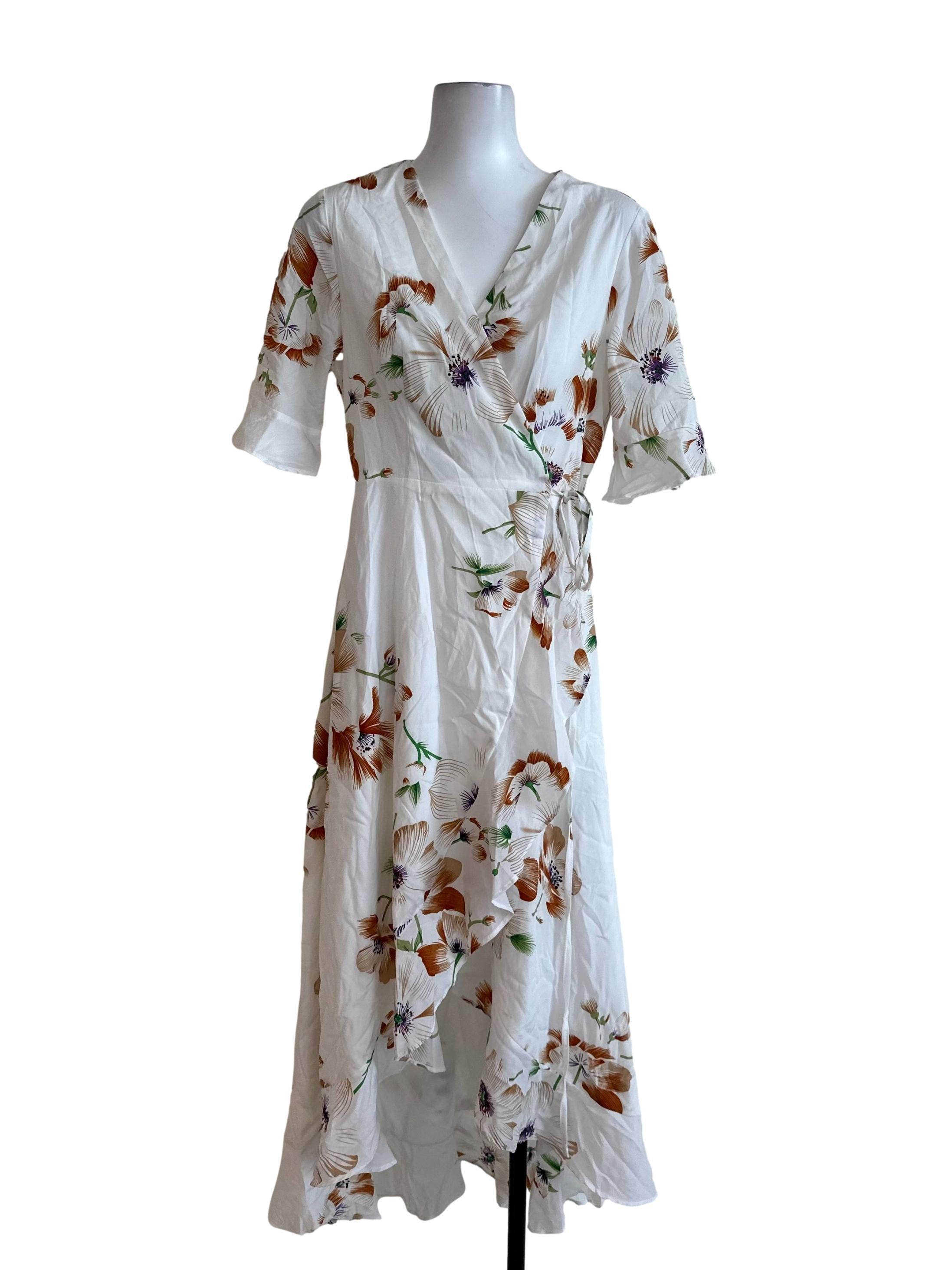 Ivory White Floral Ruffle Wrap Dress