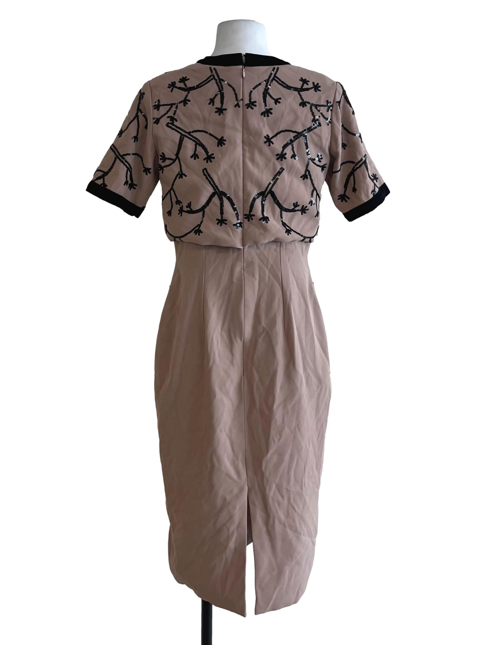 Sepia Beige Jewel Neckline Empire Dress