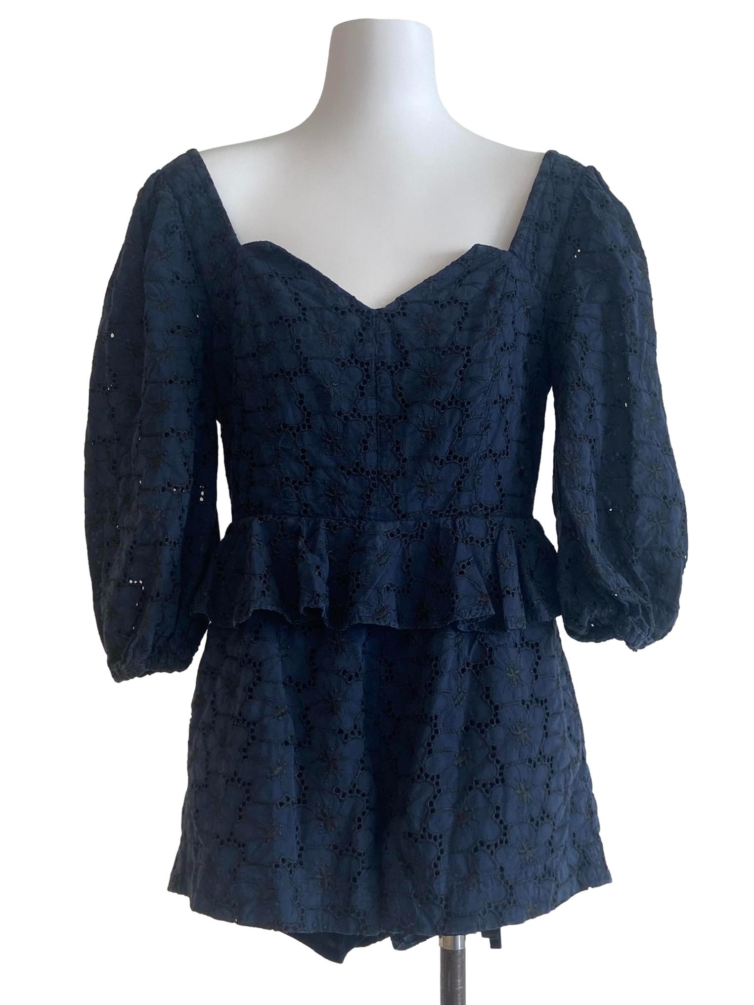 Dark Blue & Embroidery Floral Ruffled Romper