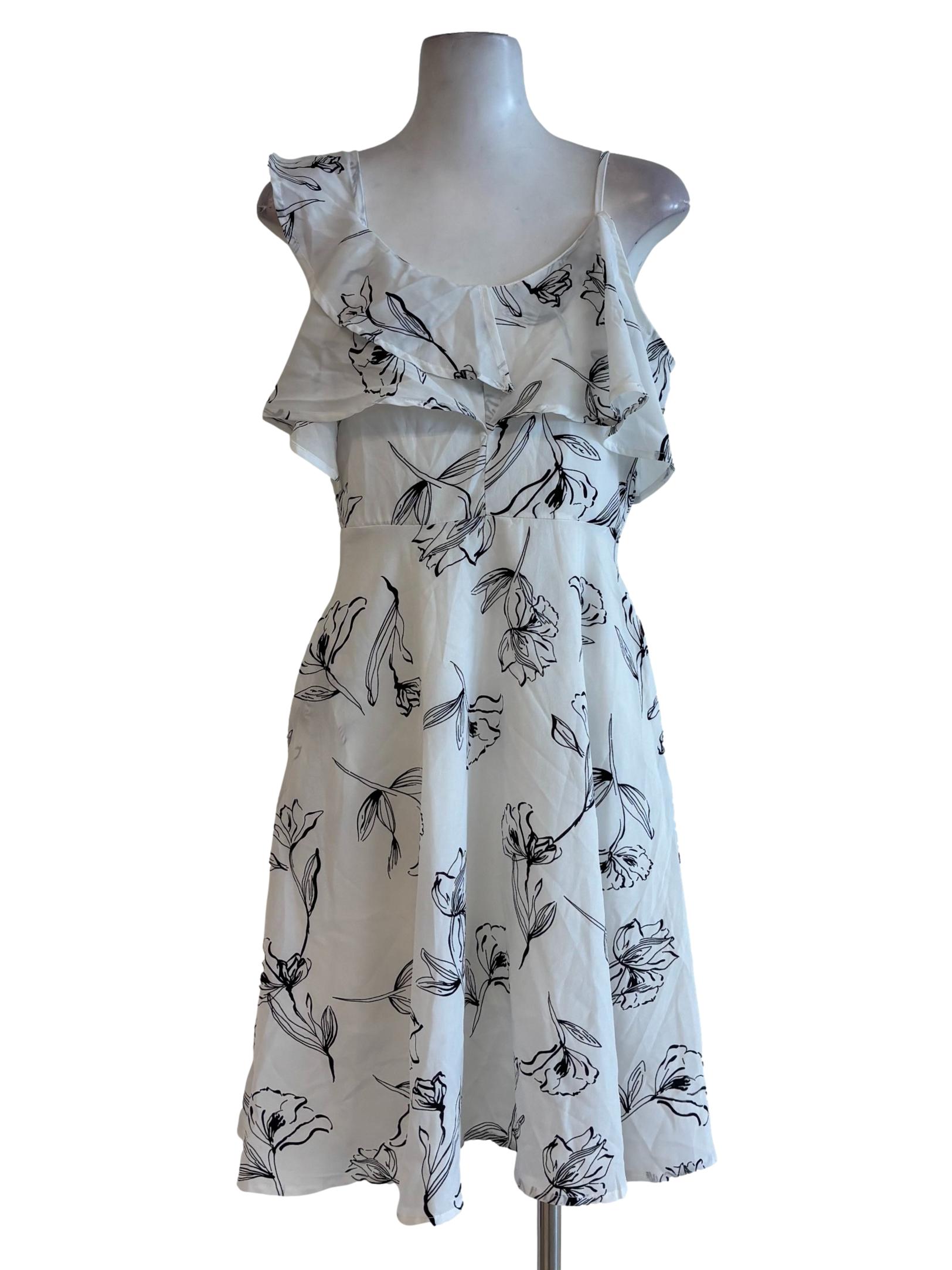 Powder White Flower Print One Shoulder Dress