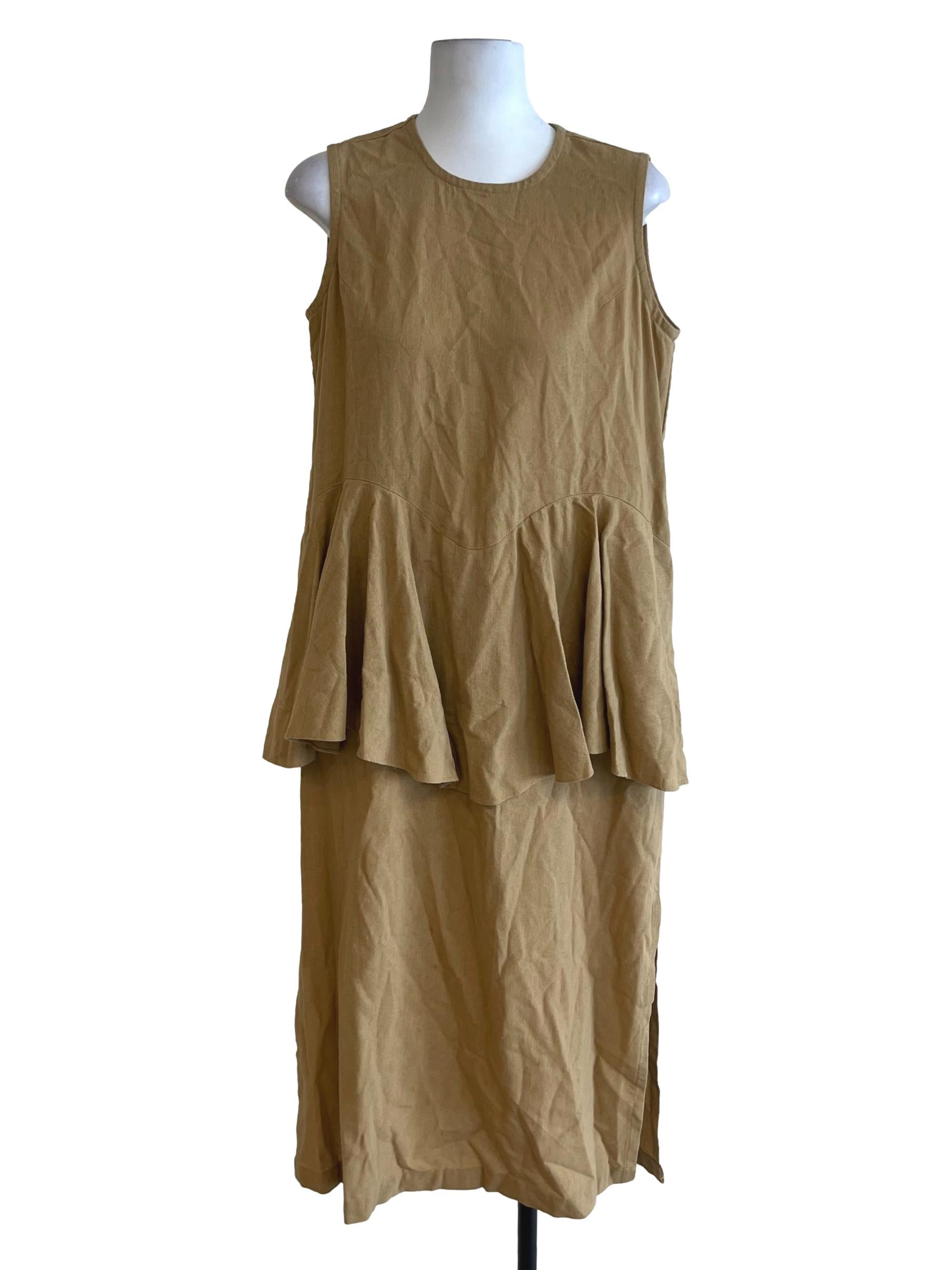 Brown Beige Jewel Neckline A-Line Dress