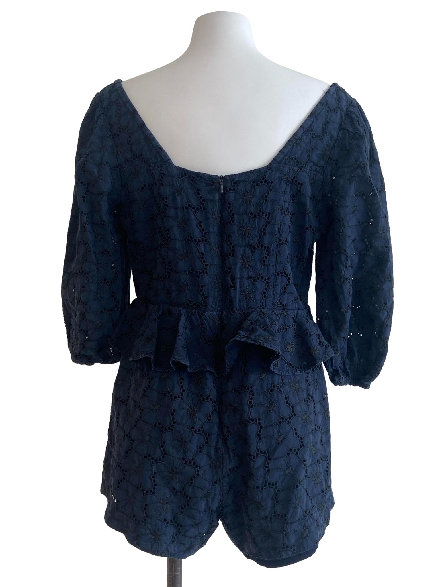 Dark Blue & Embroidery Floral Ruffled Romper