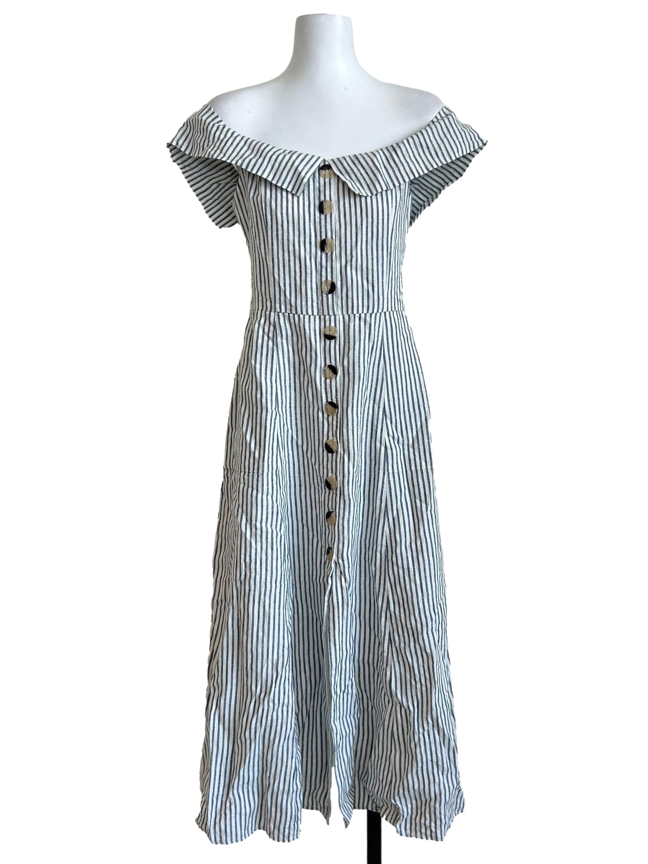 Blue White Striped Off-Shoulder Dress CM