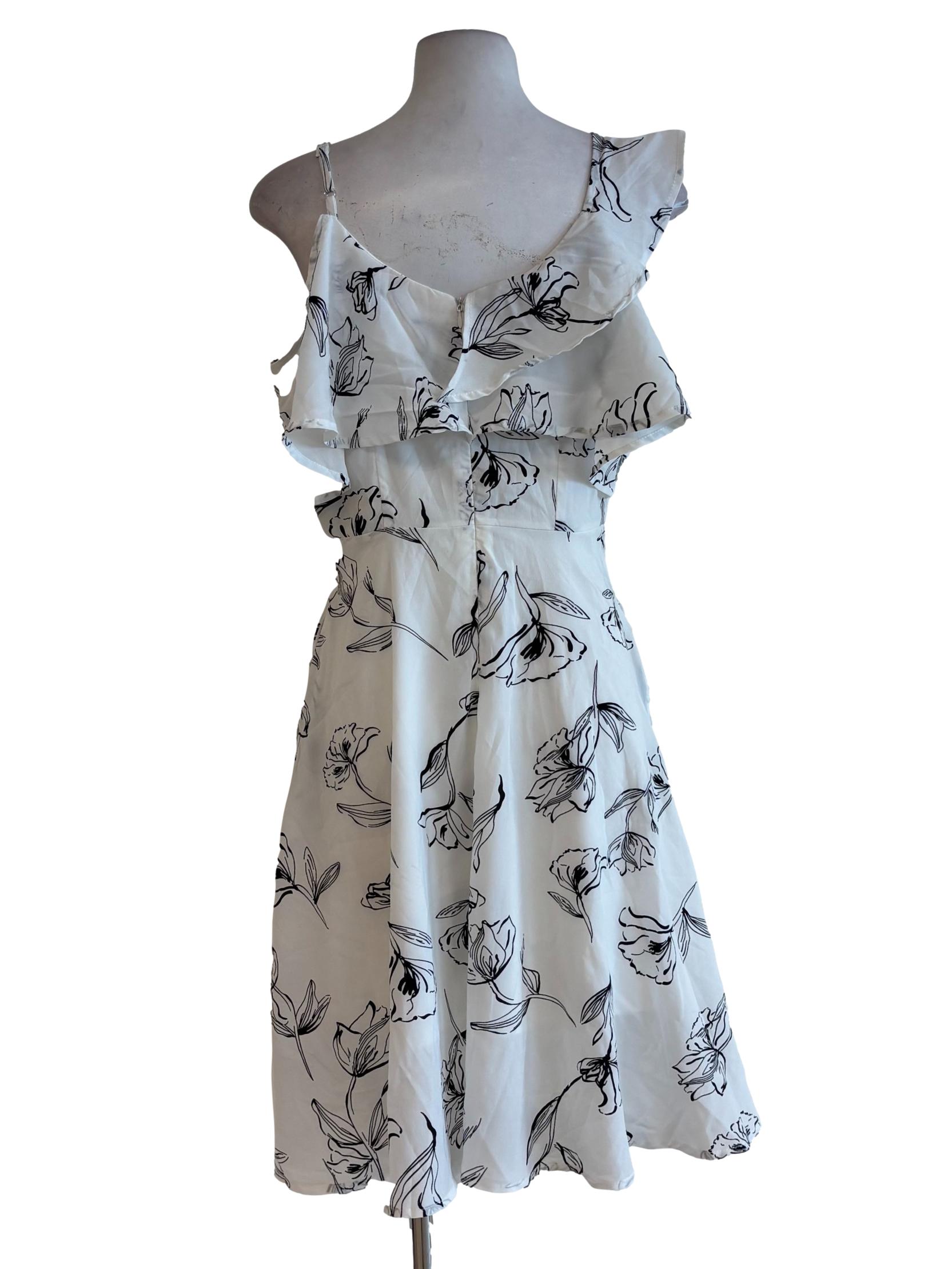 Powder White Flower Print One Shoulder Dress