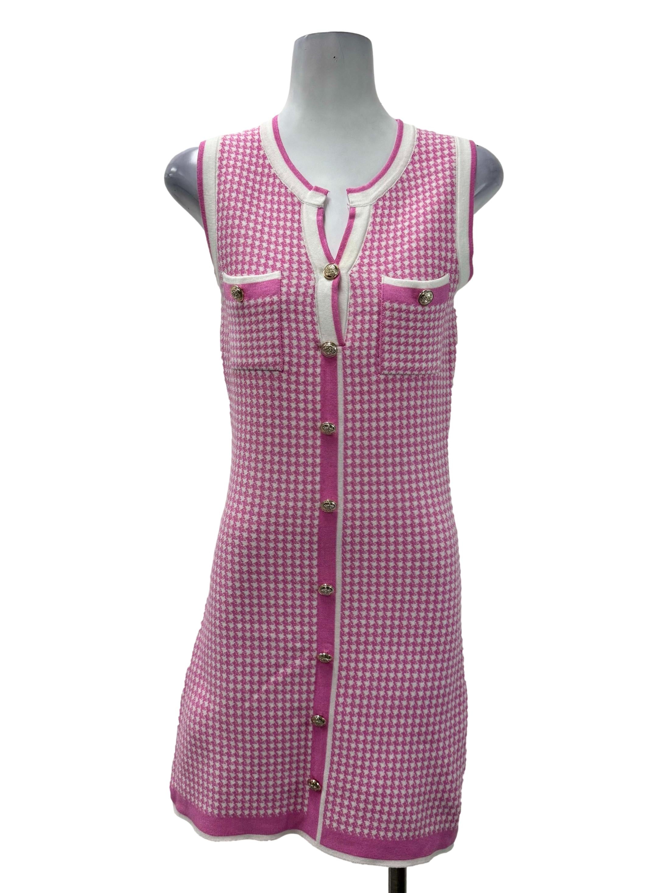 Pink Houndstooth Knitted Dress