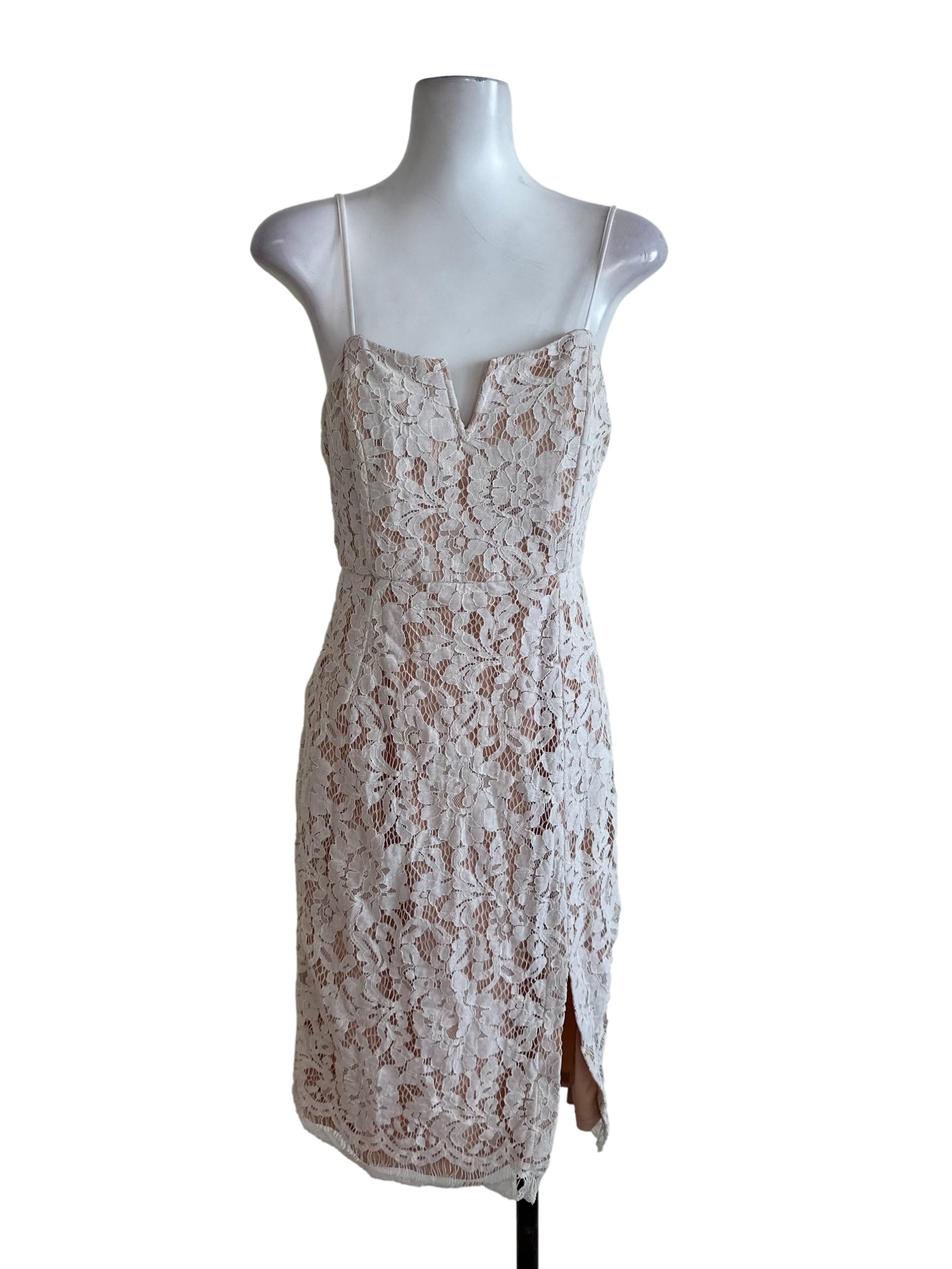 White Beige Lace Square Neck Slit Dress
