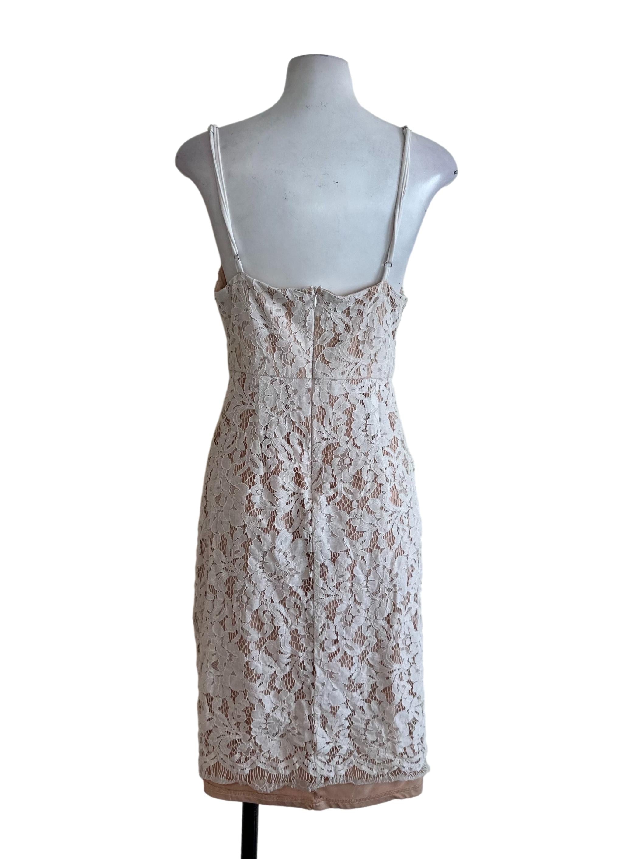 White Beige Lace Square Neck Slit Dress