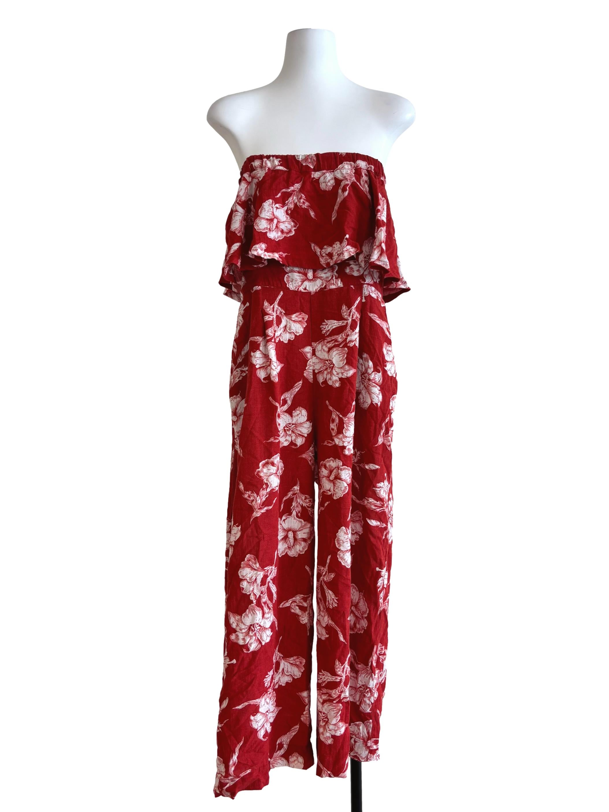 Apple Red Strapless Drape Jumpsuit