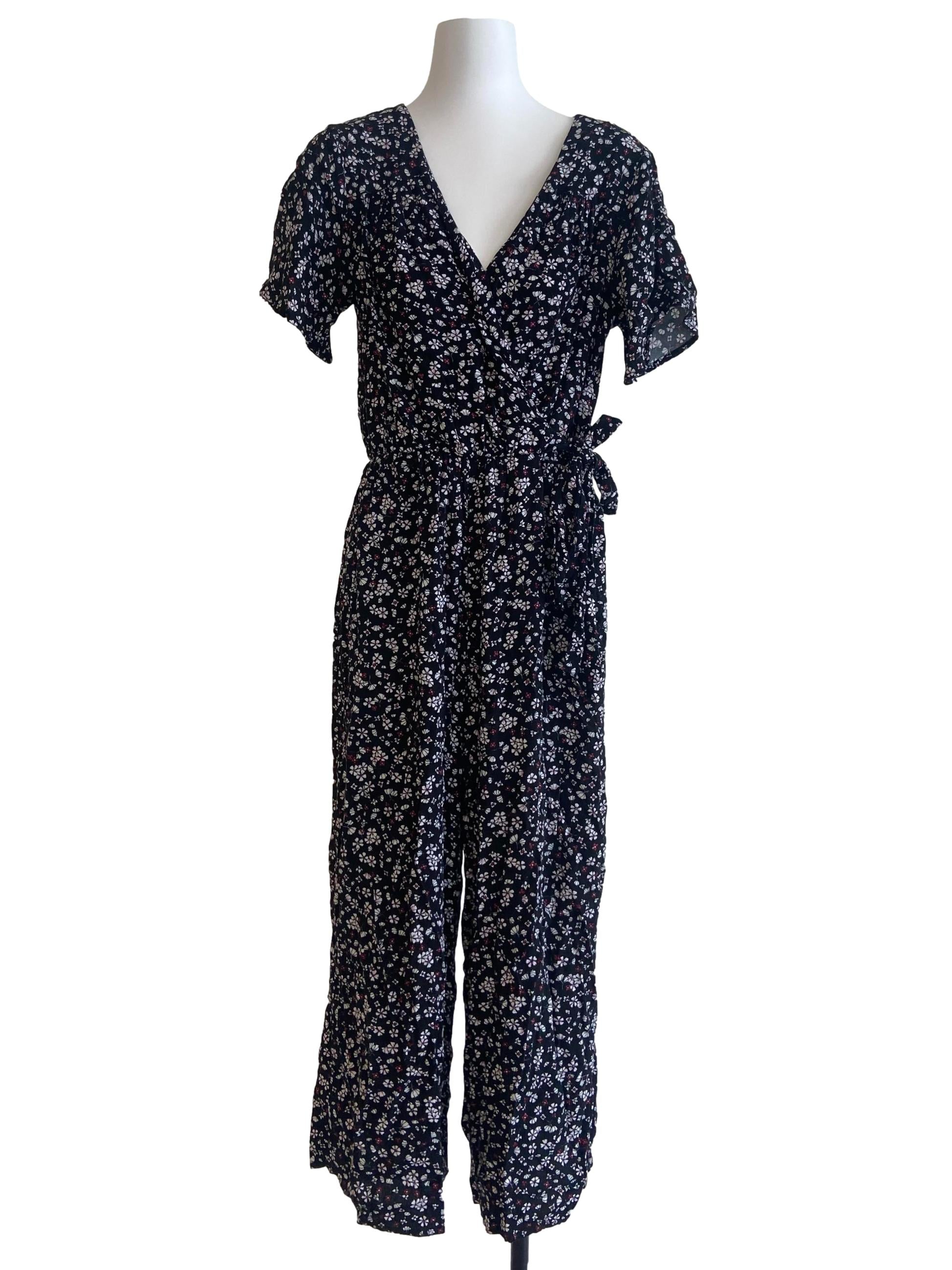 Black V Neck Floral Long Jumpsuit