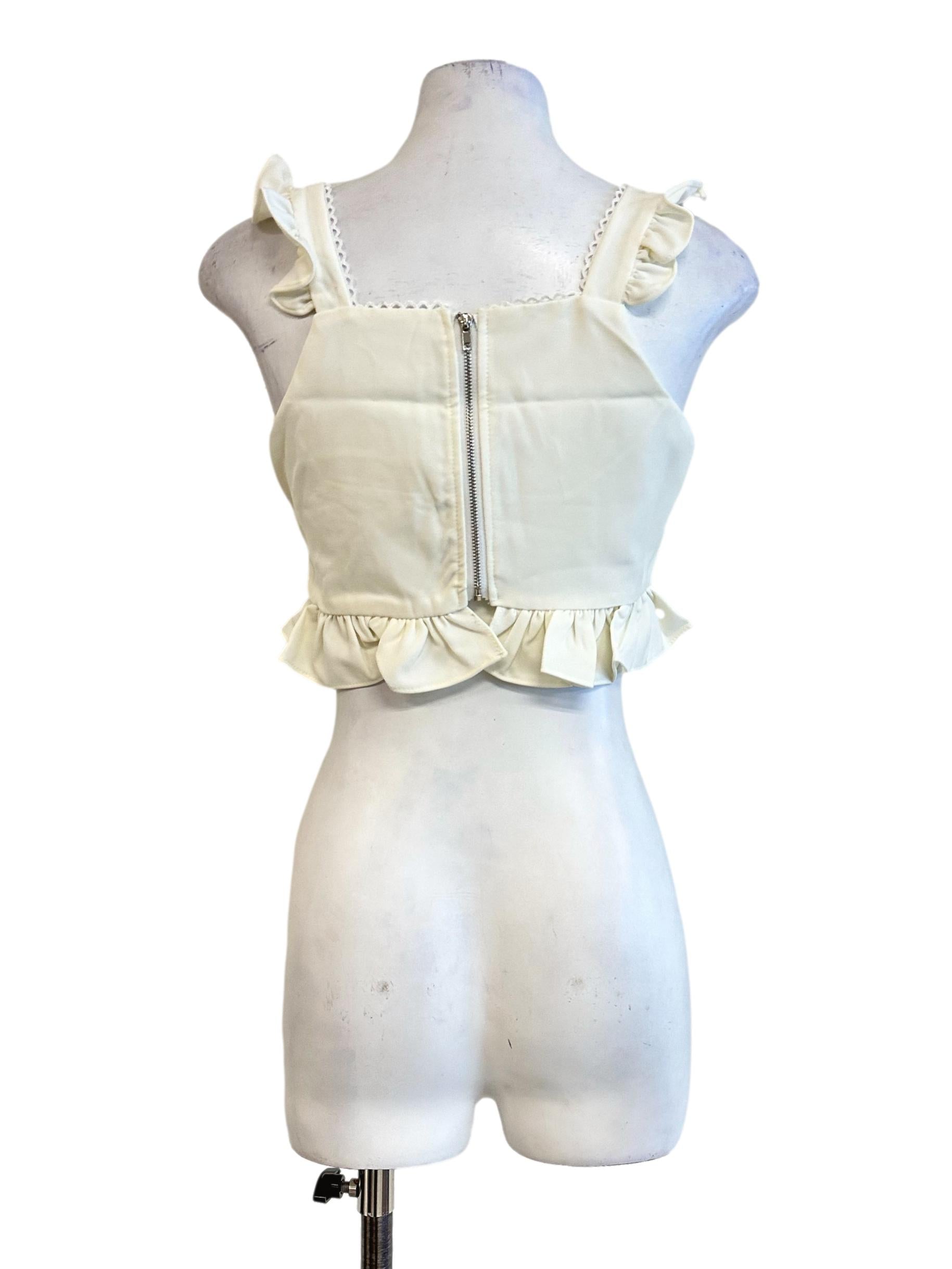Cream White Padded Ruffles Sleeveless Top