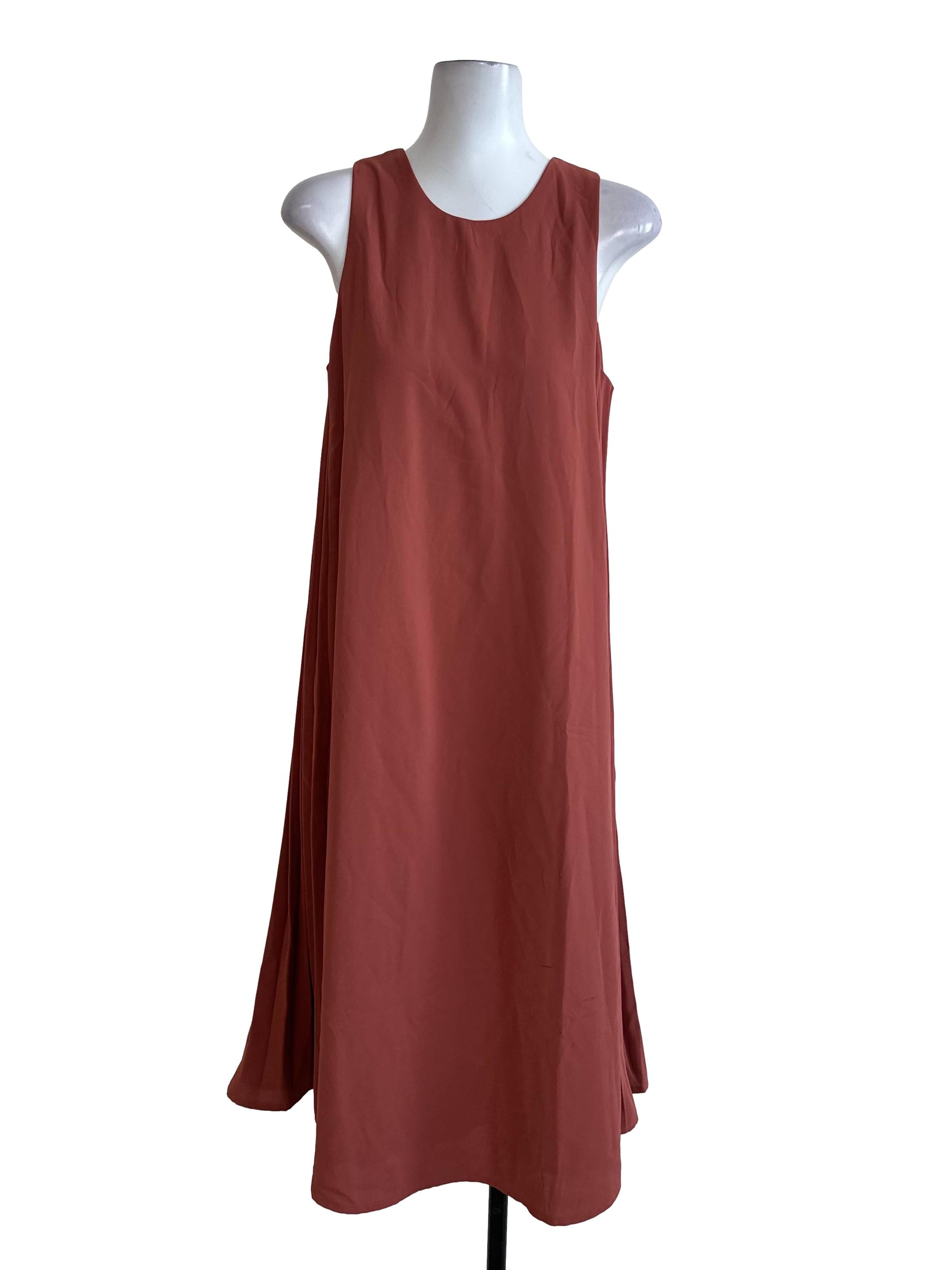Coral Red Round Neck Side Pleated Dress