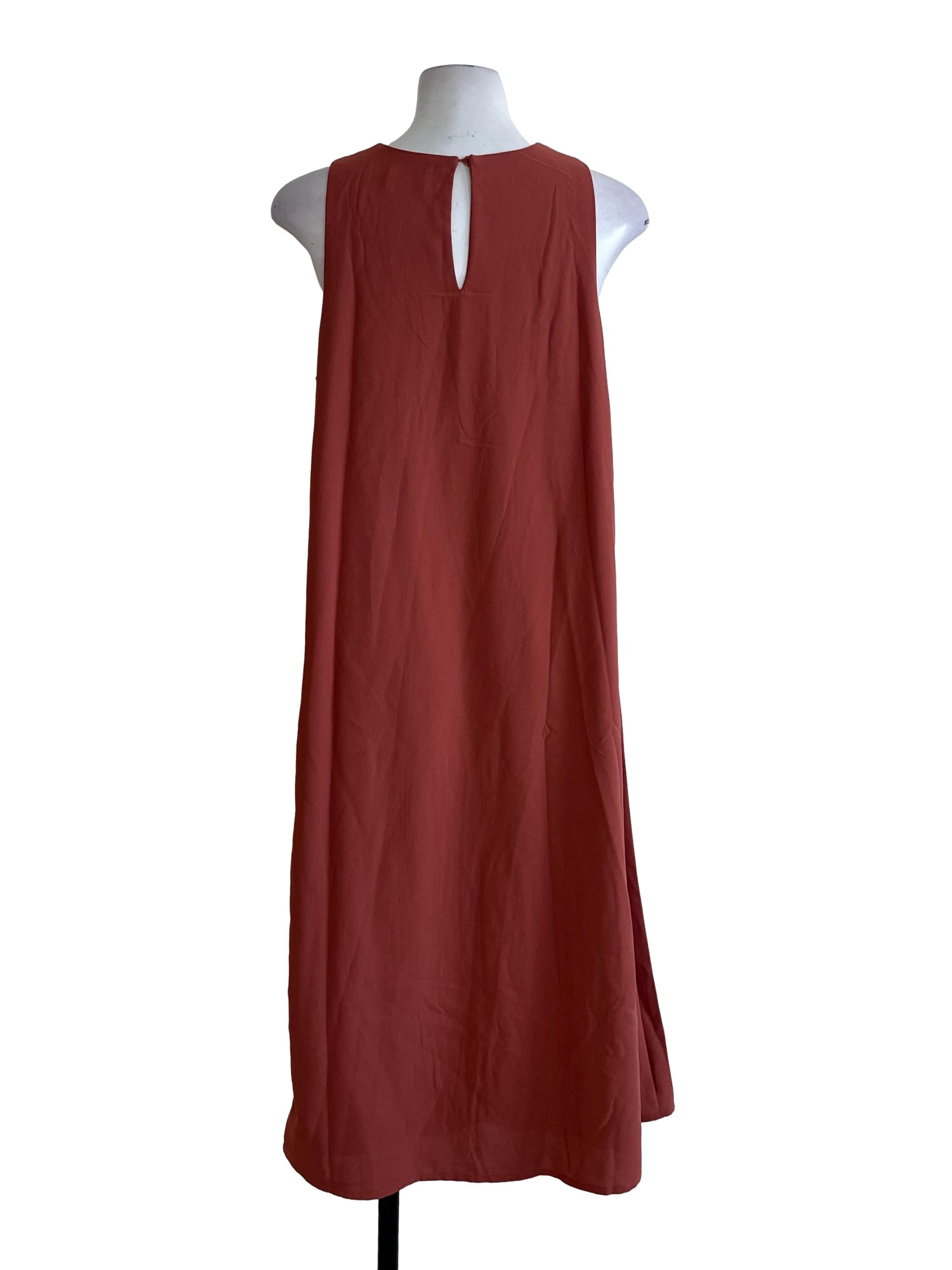 Coral Red Round Neck Side Pleated Dress