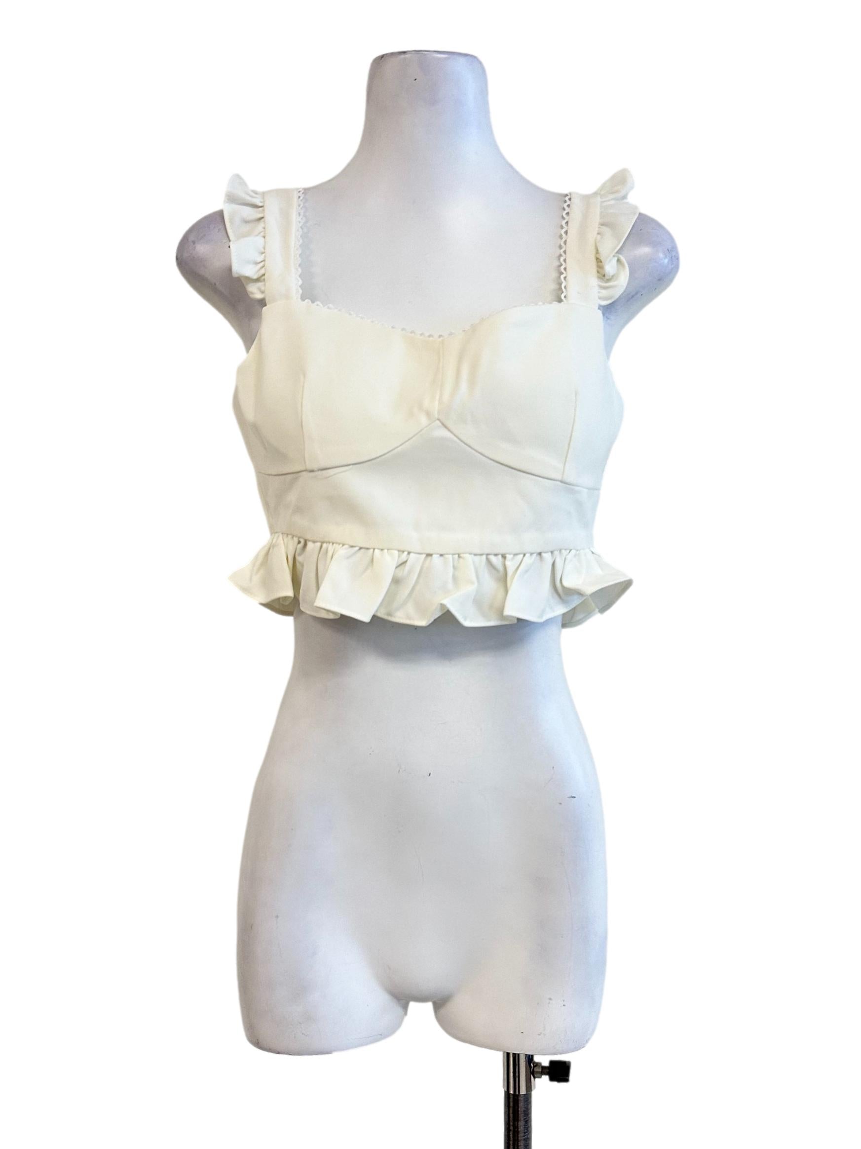 Cream White Padded Ruffles Sleeveless Top