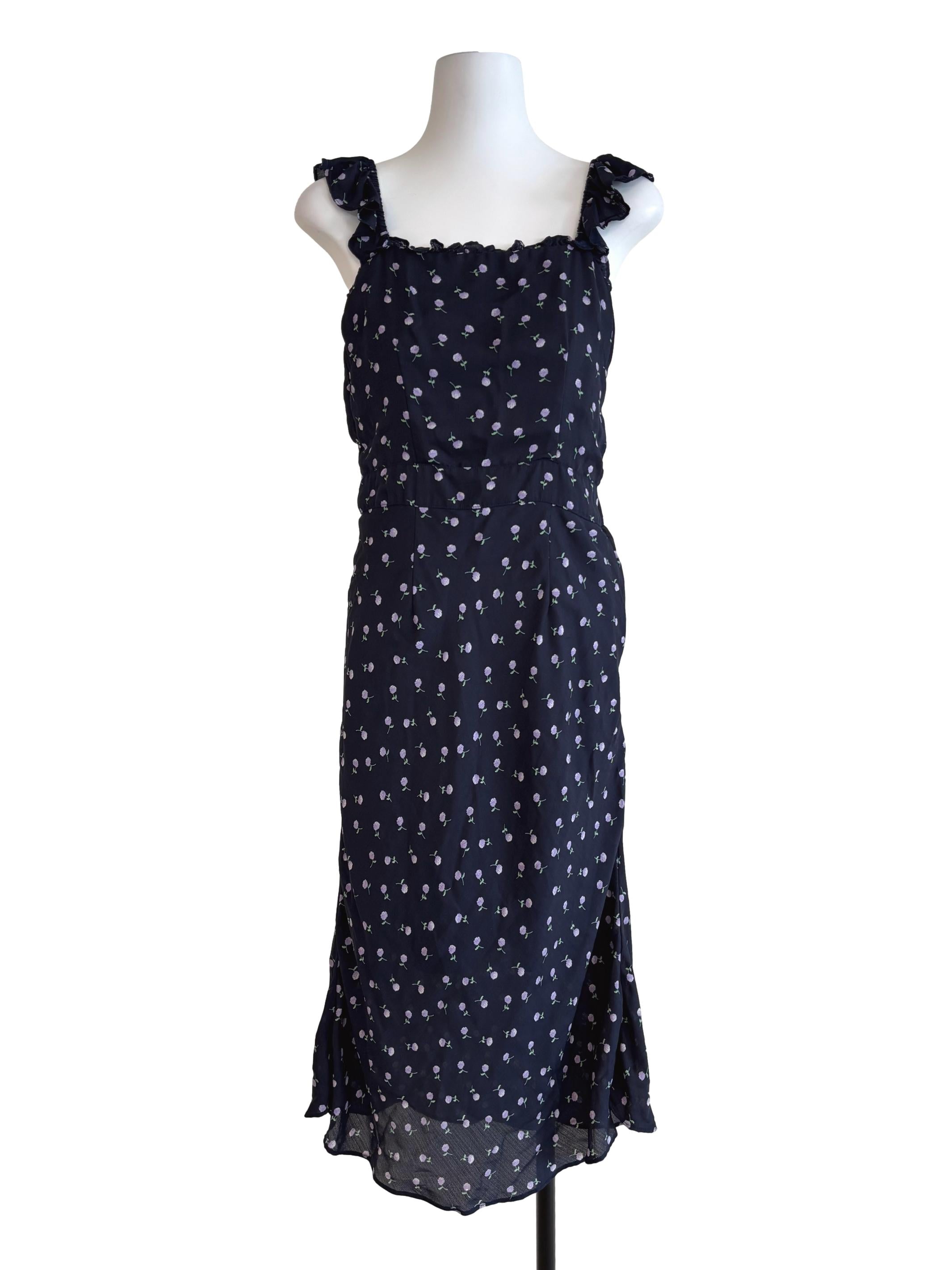 Midnight Blue Floral Ruffle Dress