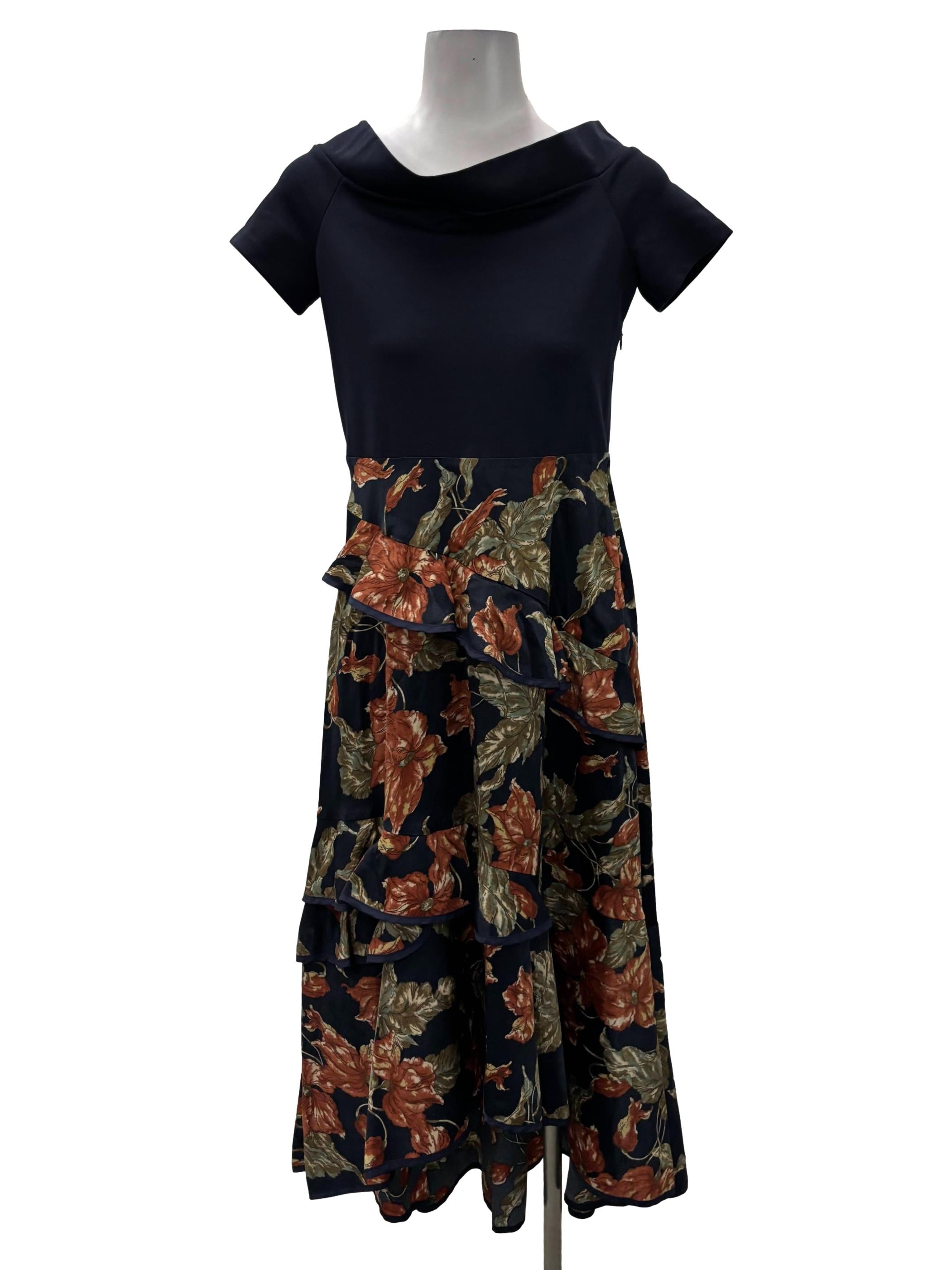Navy Blue Square Neck Floral Ruffle Dress