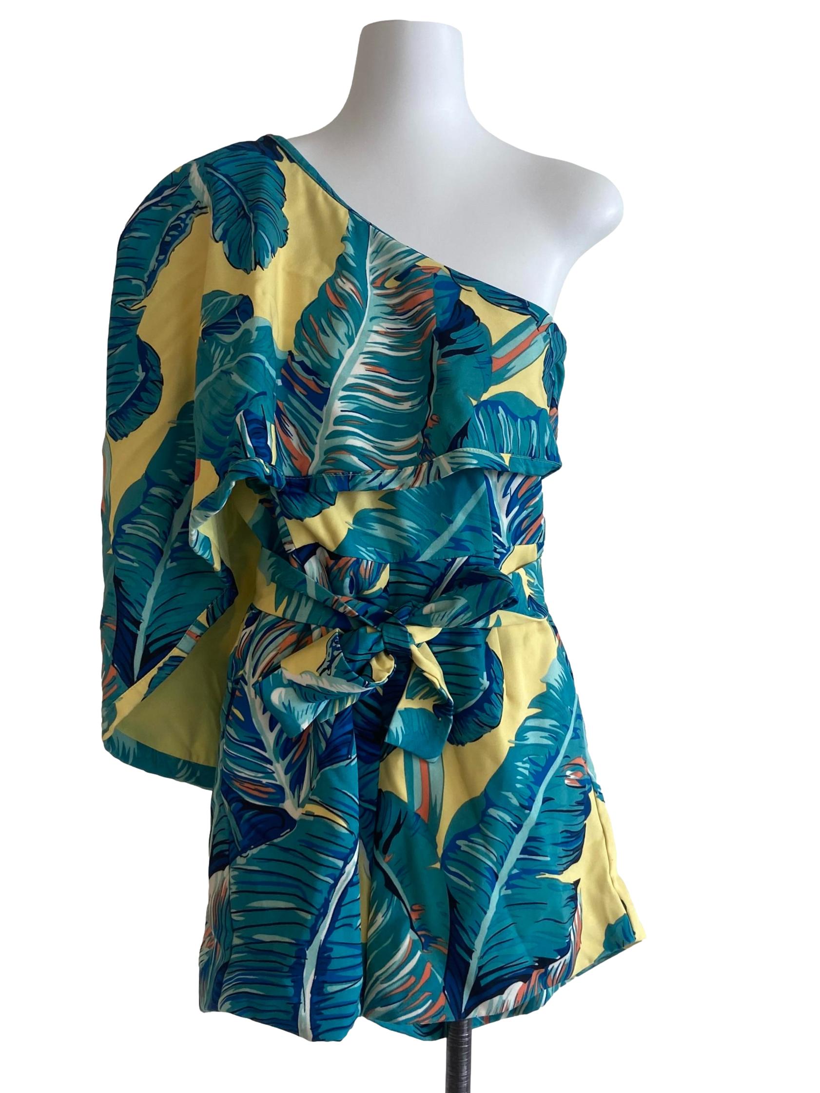 Yellow & Green Floral Asymmetric Shoulder Rompers