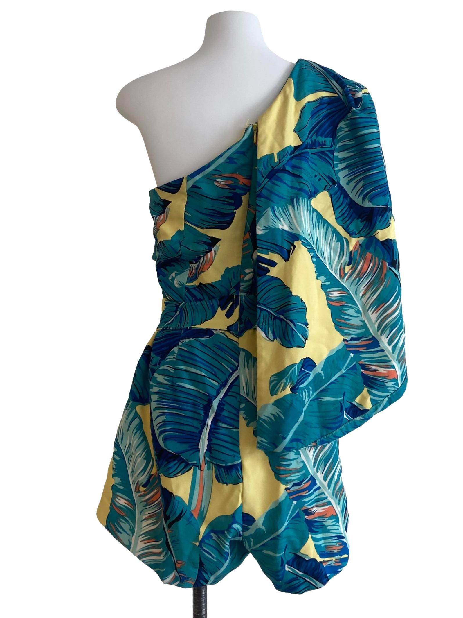 Yellow & Green Floral Asymmetric Shoulder Rompers