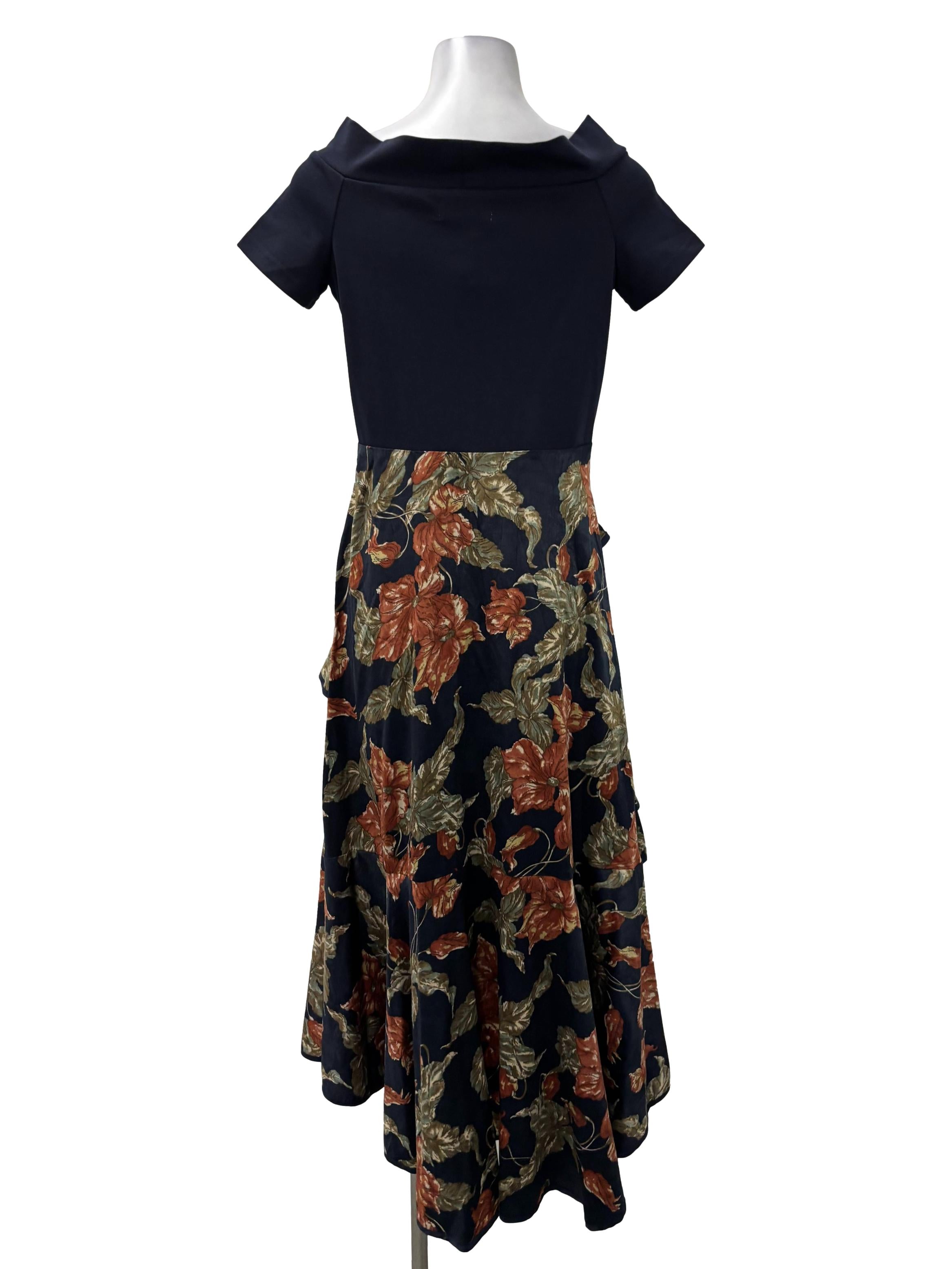 Navy Blue Square Neck Floral Ruffle Dress