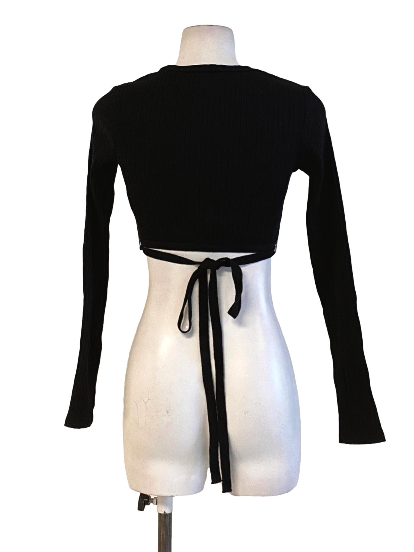 Rich Black Round Neck Tie Back Long Sleeve Knitted Fit Cropped Shirt