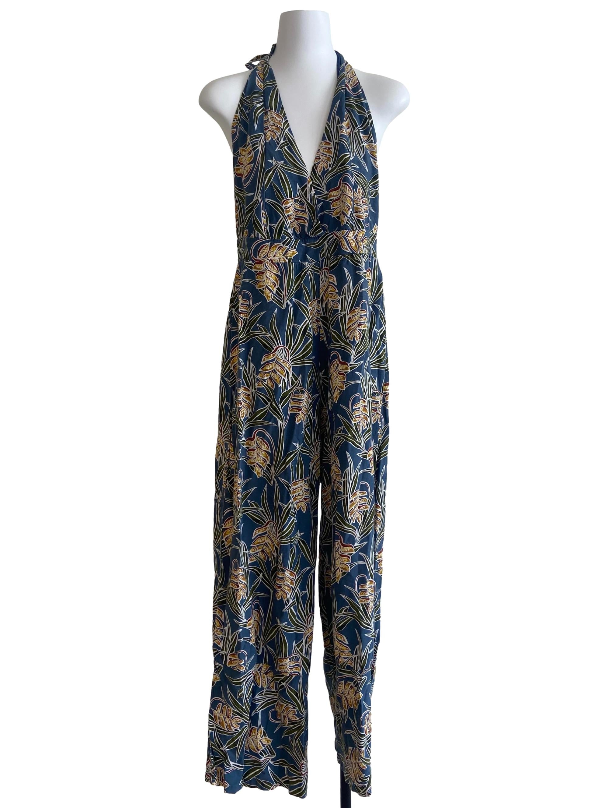 Spruce Blue Floral Halter Neck Long Jumpsuit