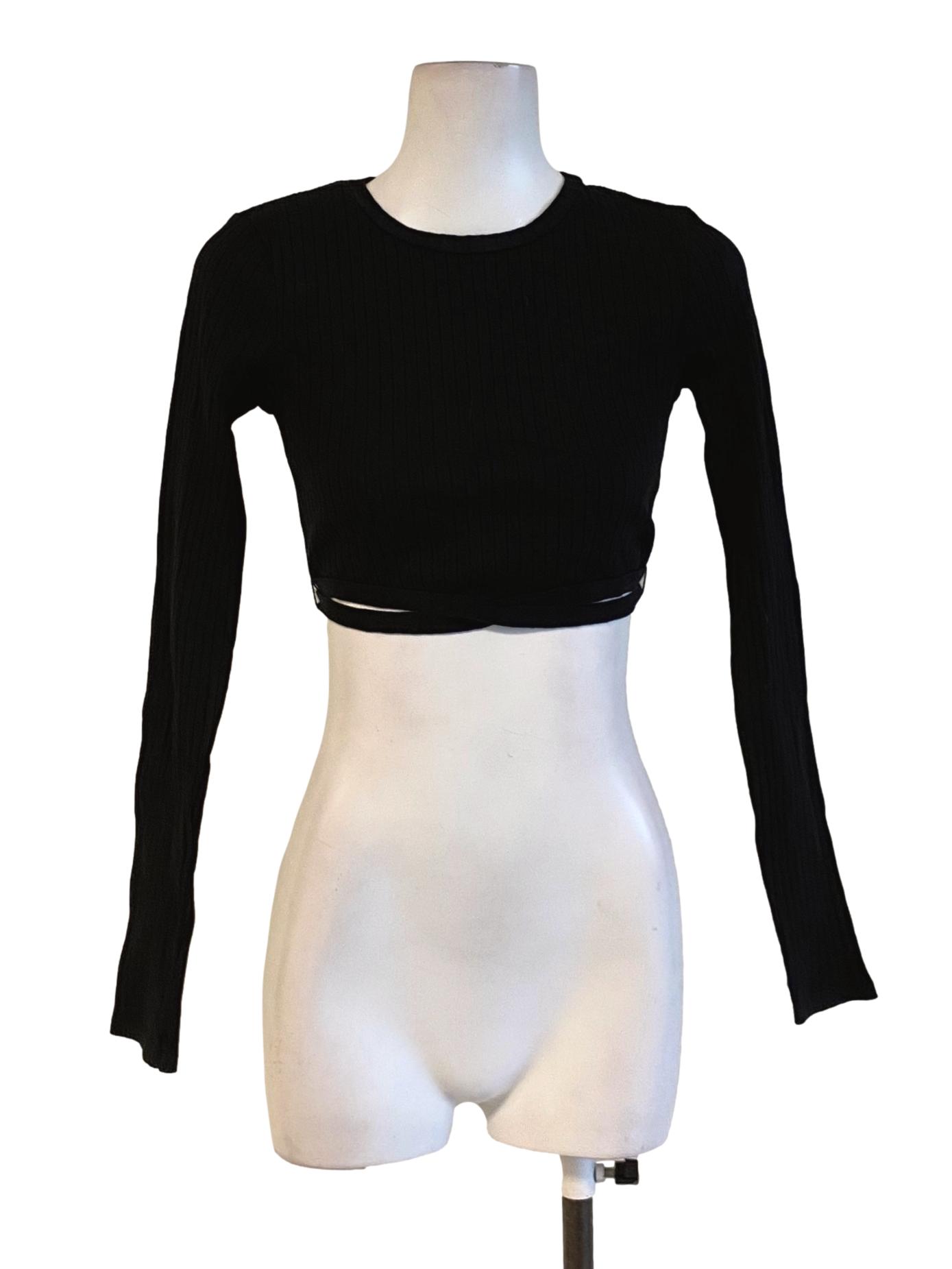 Rich Black Round Neck Tie Back Long Sleeve Knitted Fit Cropped Shirt