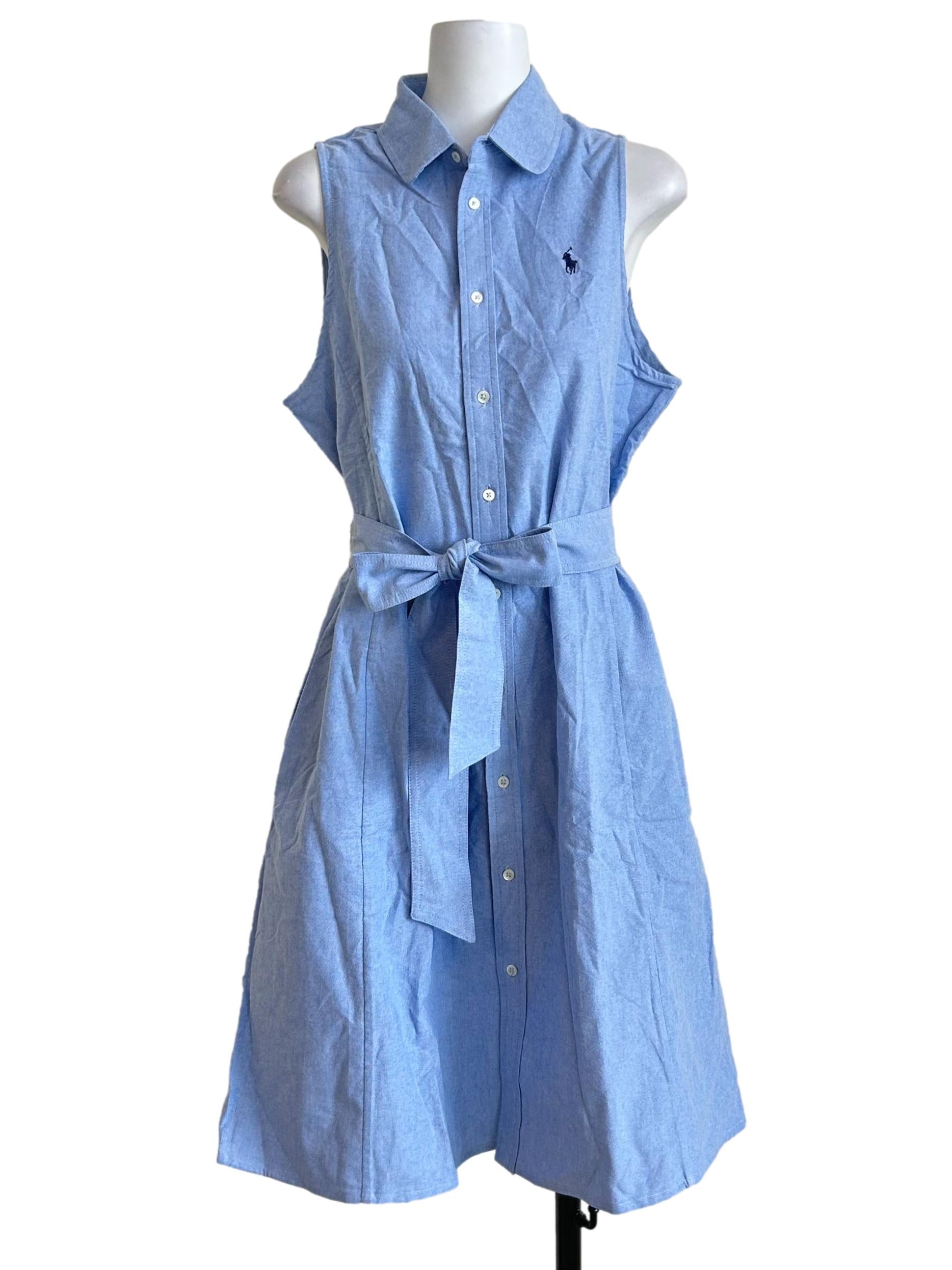 Blue Sleeveless Belted Shirt Dress