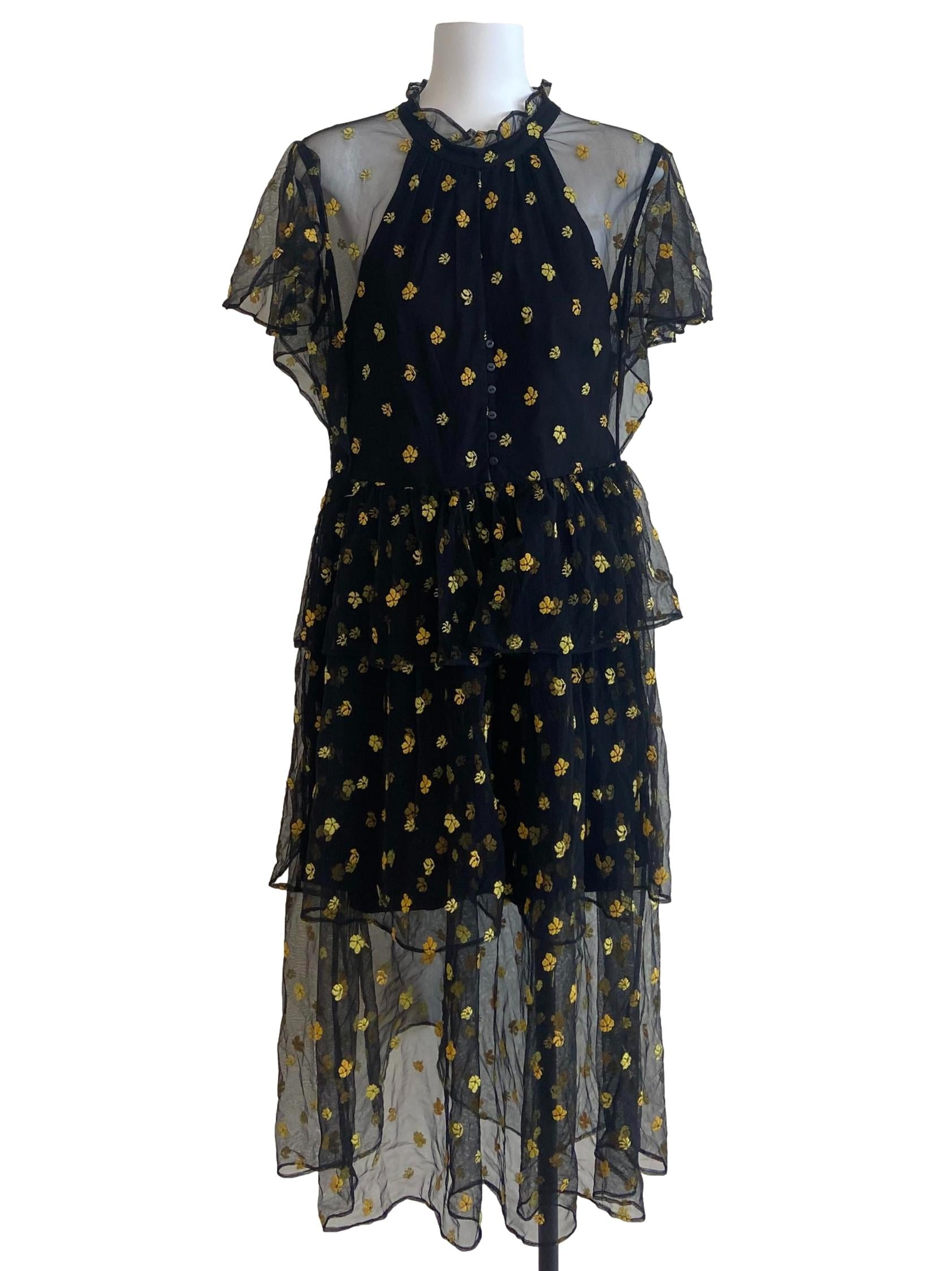 Black Highneck Yellow Floral Layered Mesh Dress