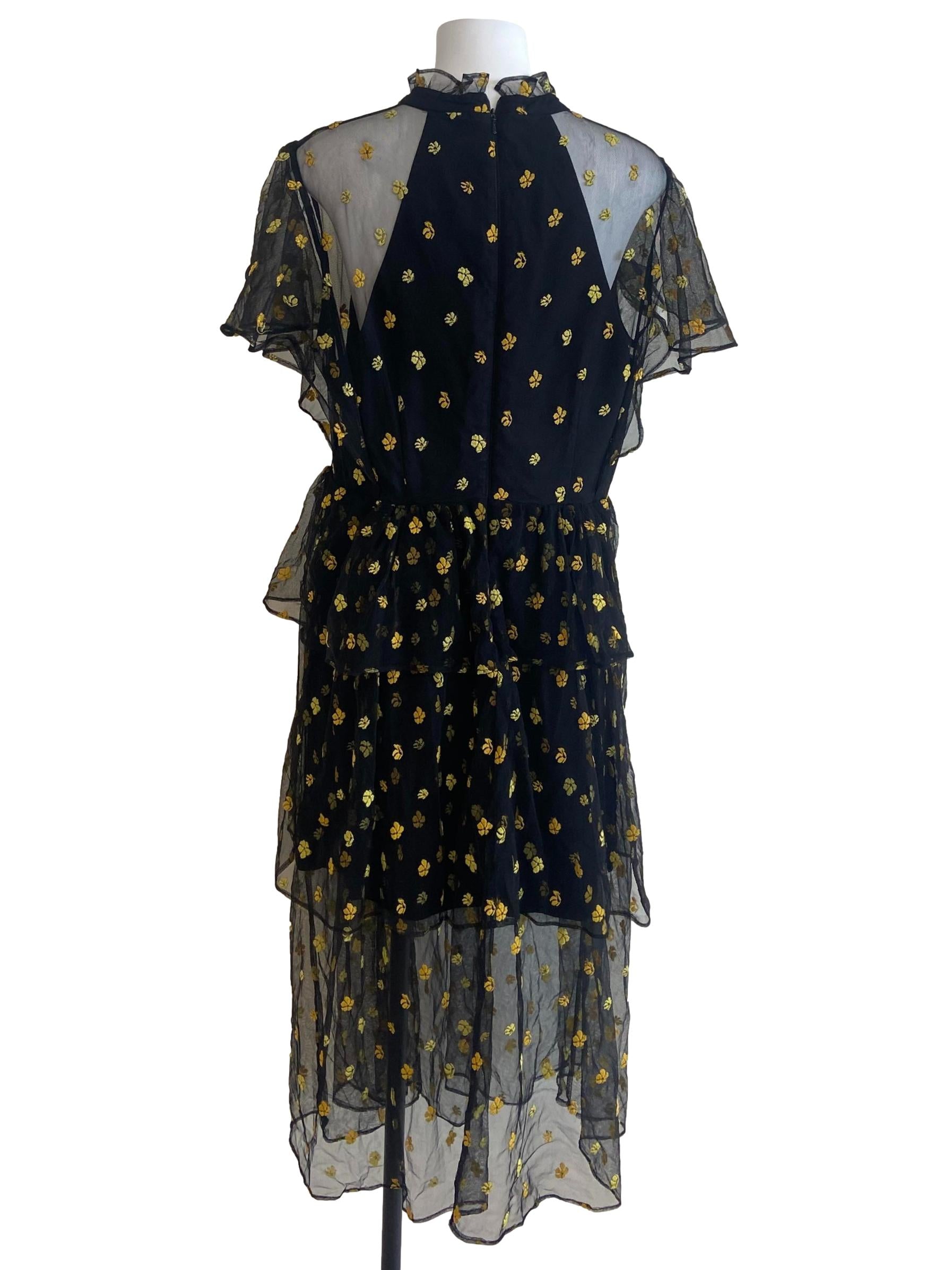 Black Highneck Yellow Floral Layered Mesh Dress