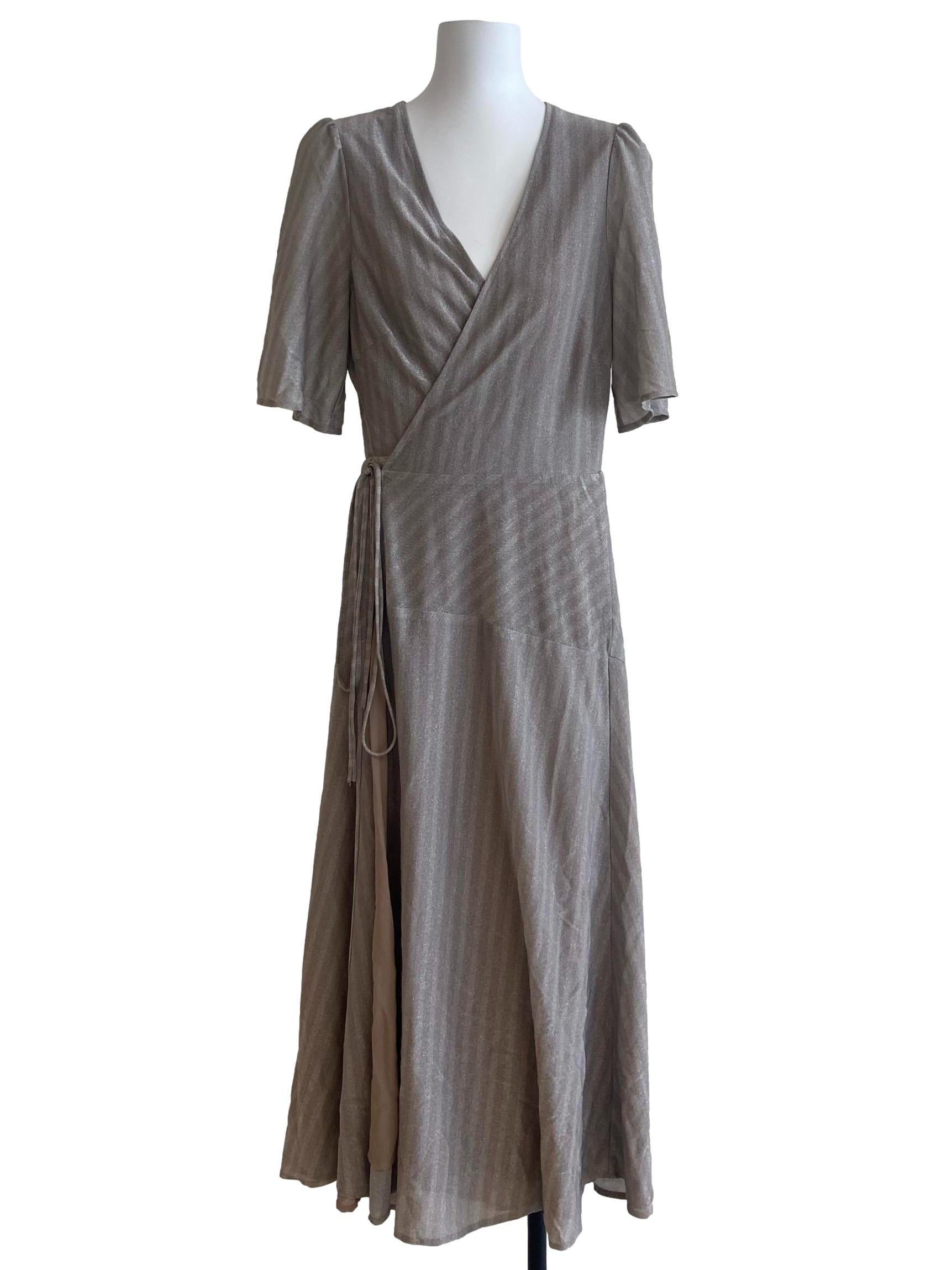 Bone Beige Glitter Wrap Dress
