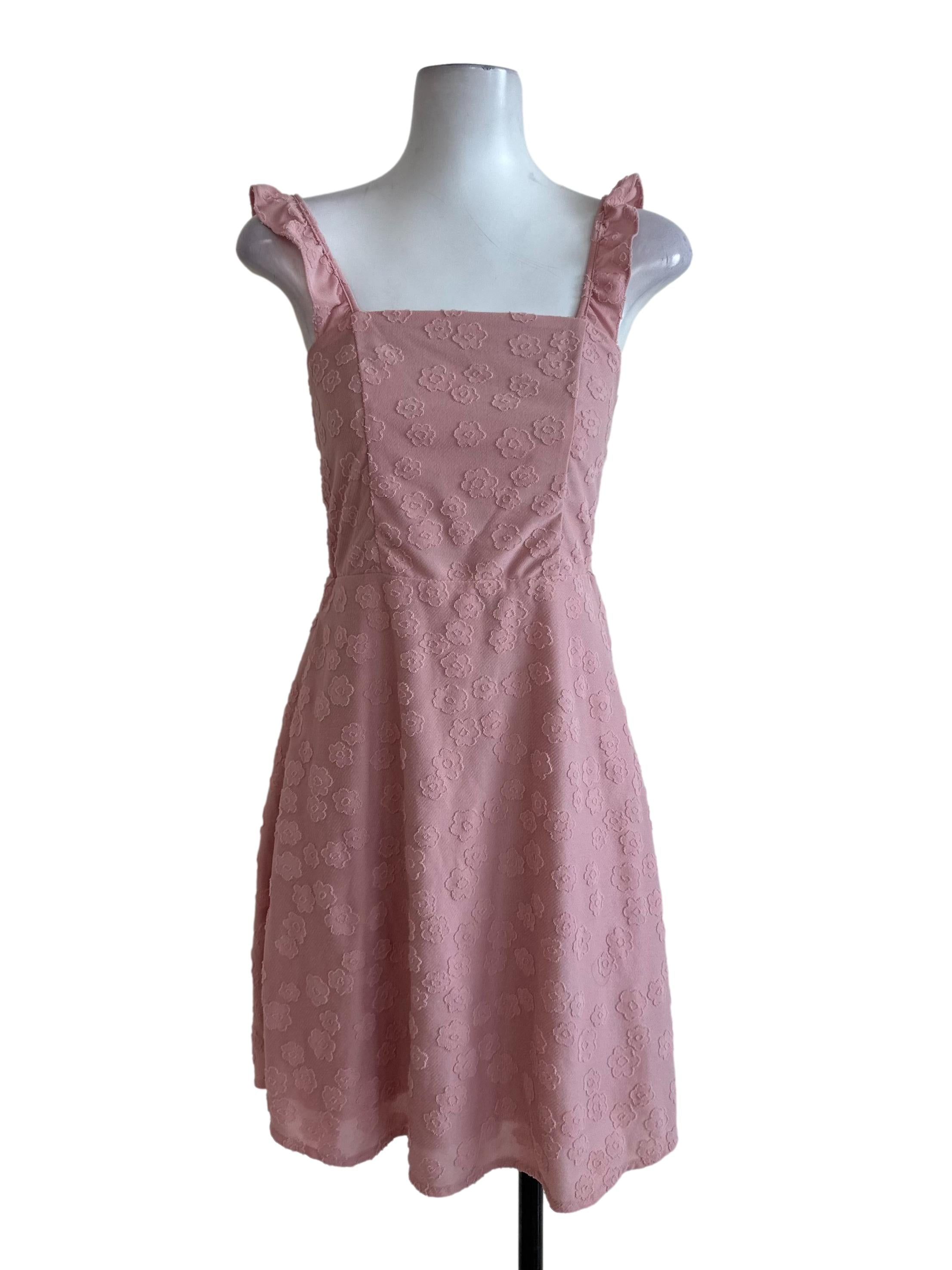 Rose Pink Textured Ruffle Strap Dress