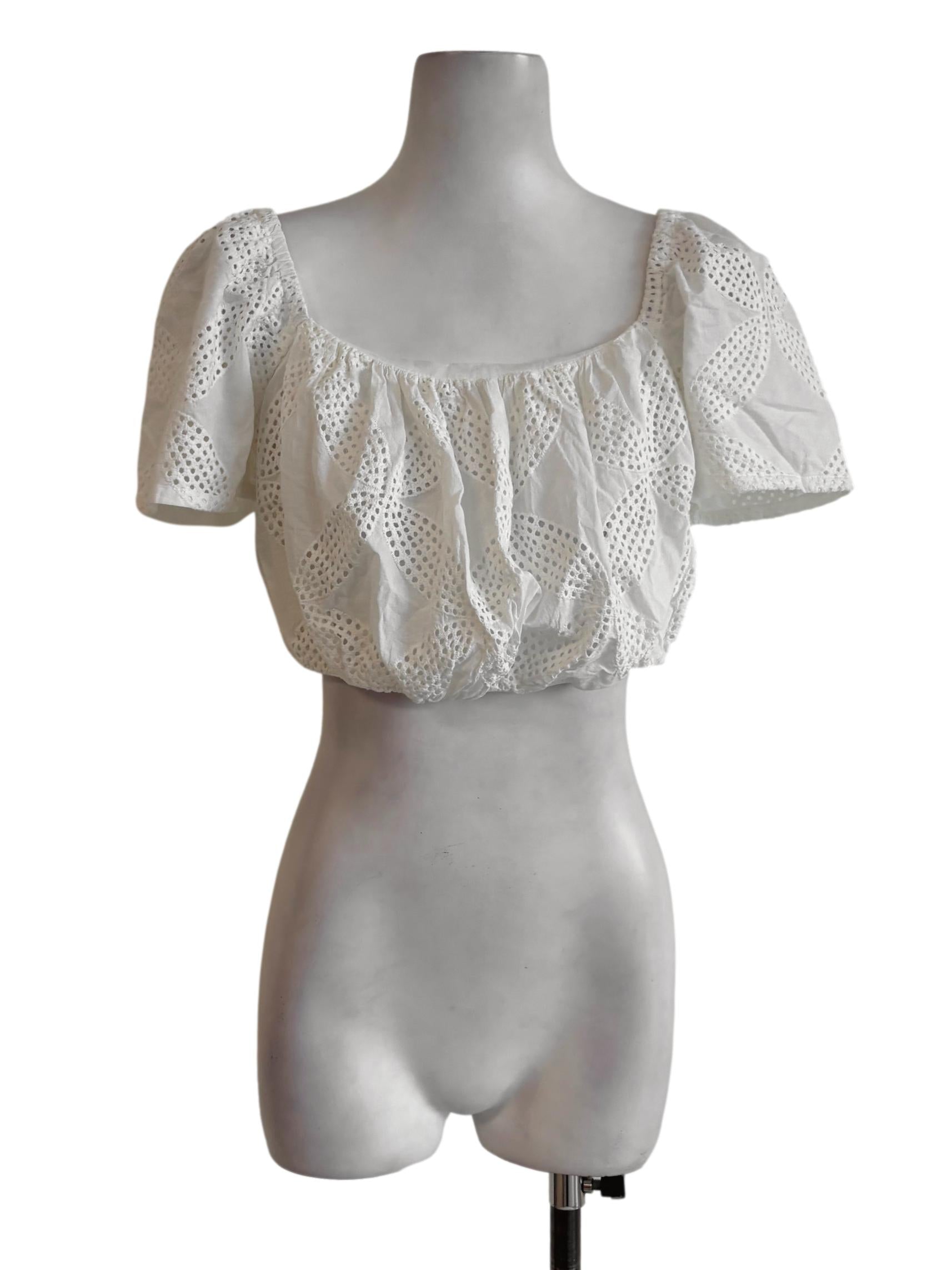 White Cotton Eyelet Bubble Crop Top
