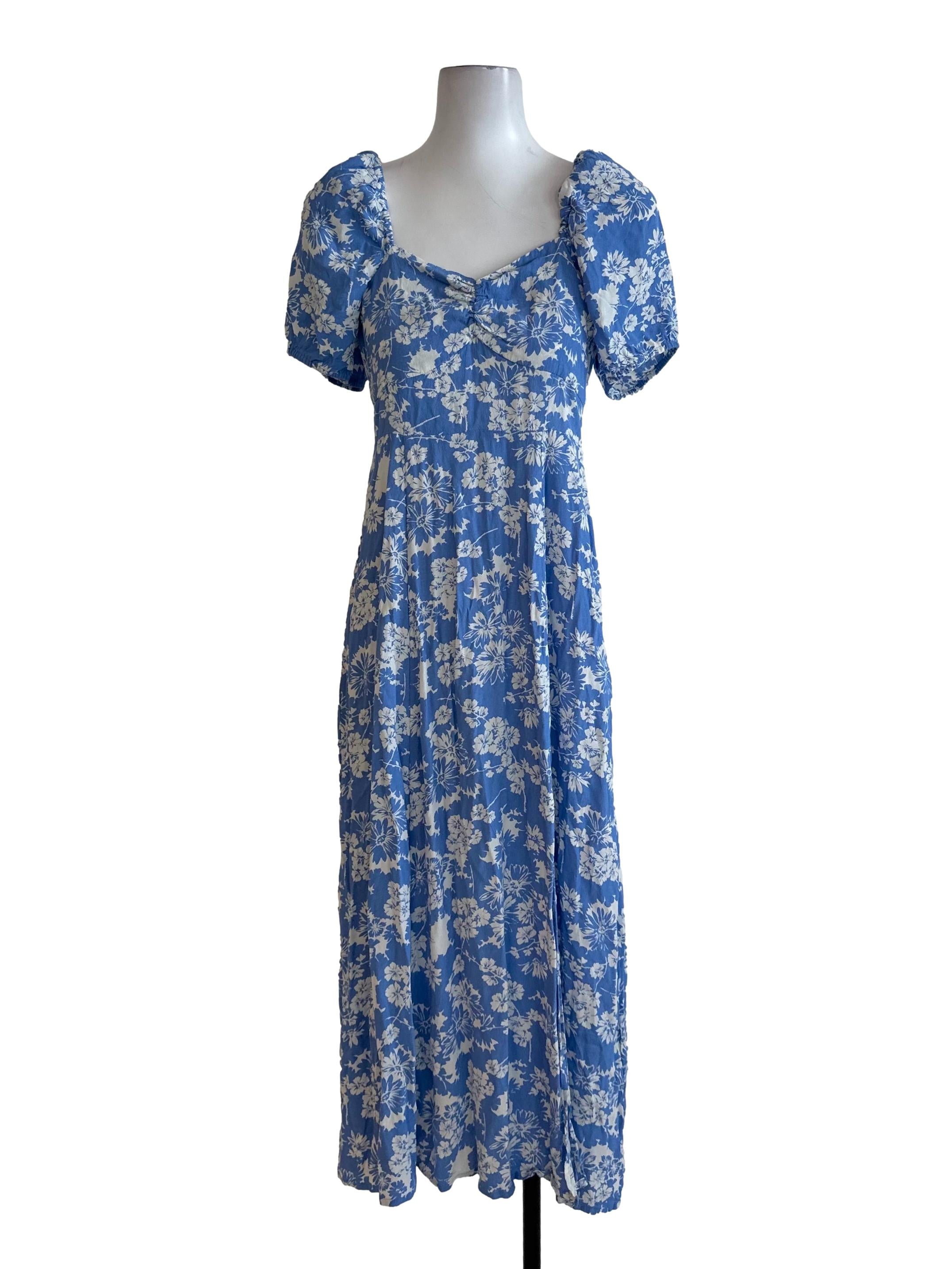Cobalt Blue Floral Pattern Puff Sleeve Dress