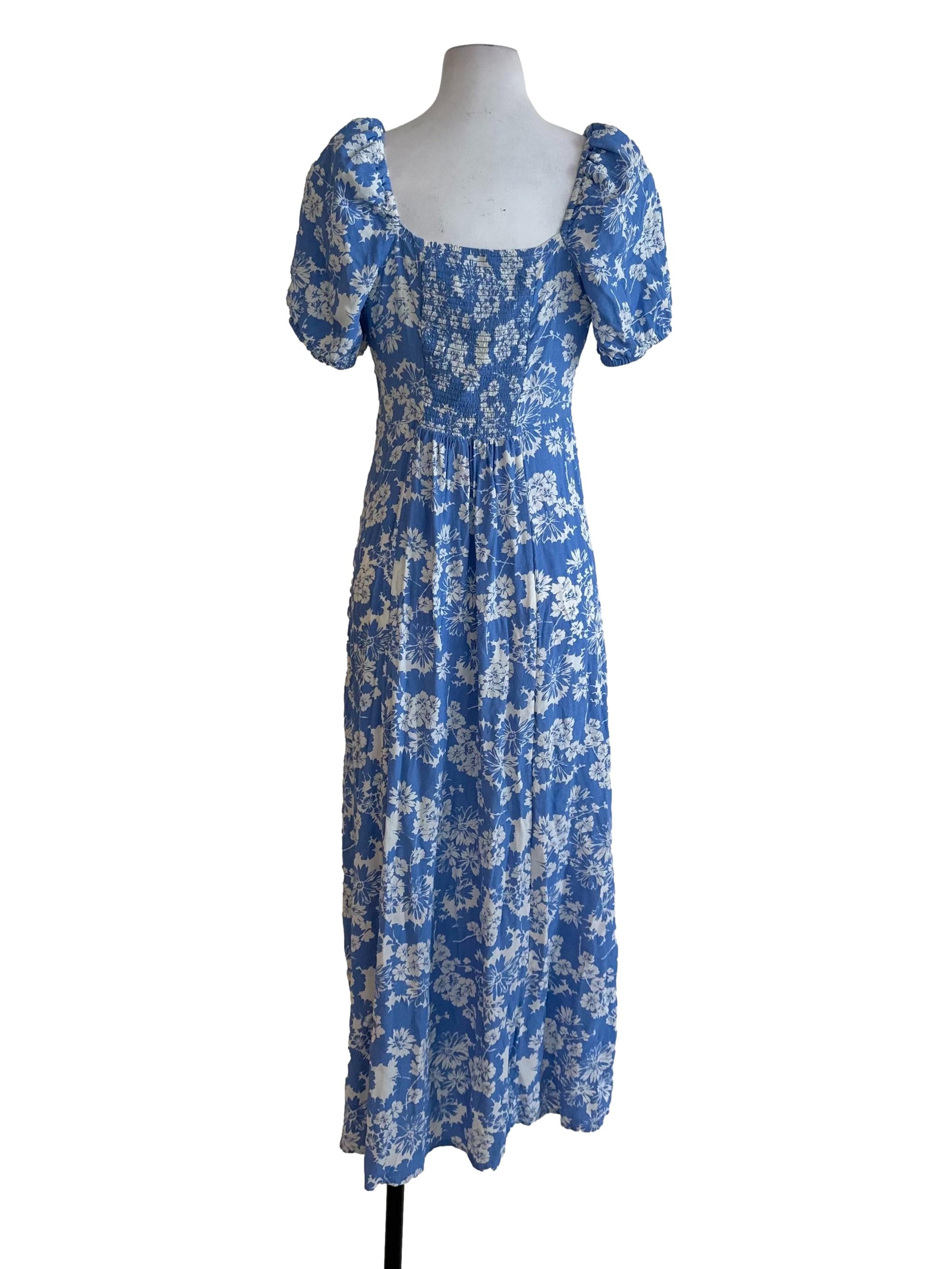 Cobalt Blue Floral Pattern Puff Sleeve Dress